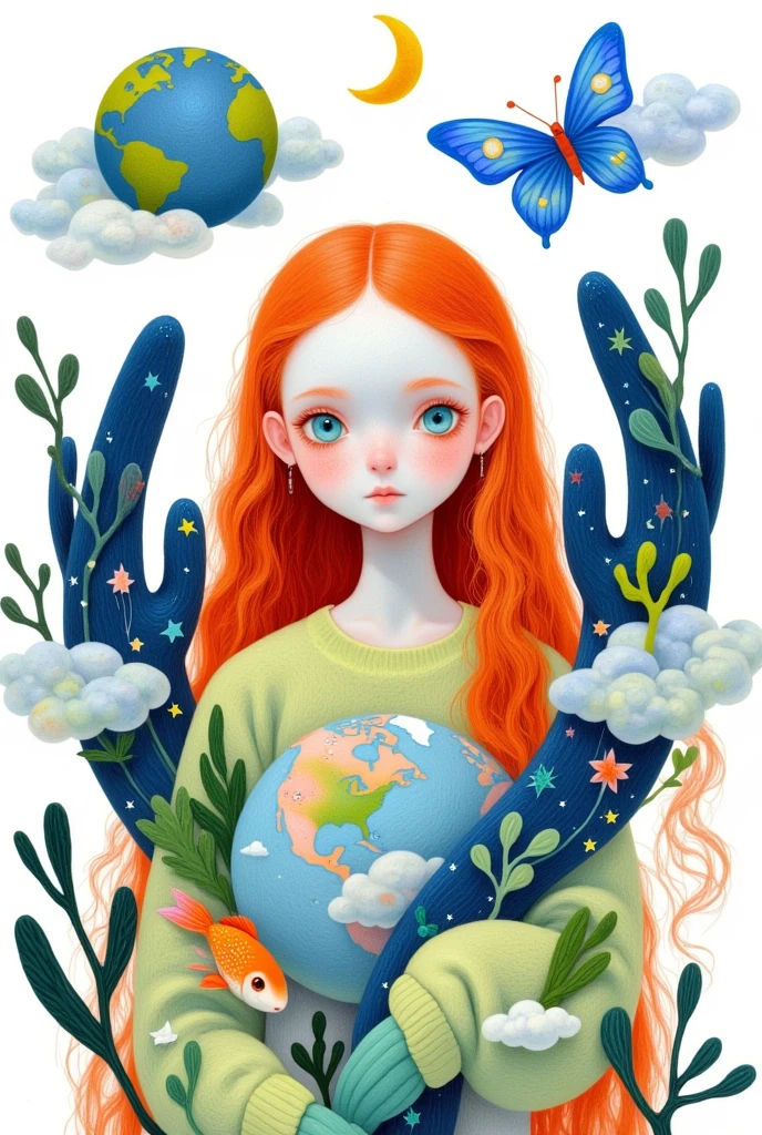 1girl,animal,aqua eyes,artist name,bird,blue butterfly,blue eyes,bug,butterfly,circle,Crescent Moon,earth \(Planet\),fish,goldfish,leaf,long hair,looking at viewer,makeup,moon,orange hair,Planet,simple background,Alone,Star \(symbol\),upper body,white background，Earth，Environmental friendly