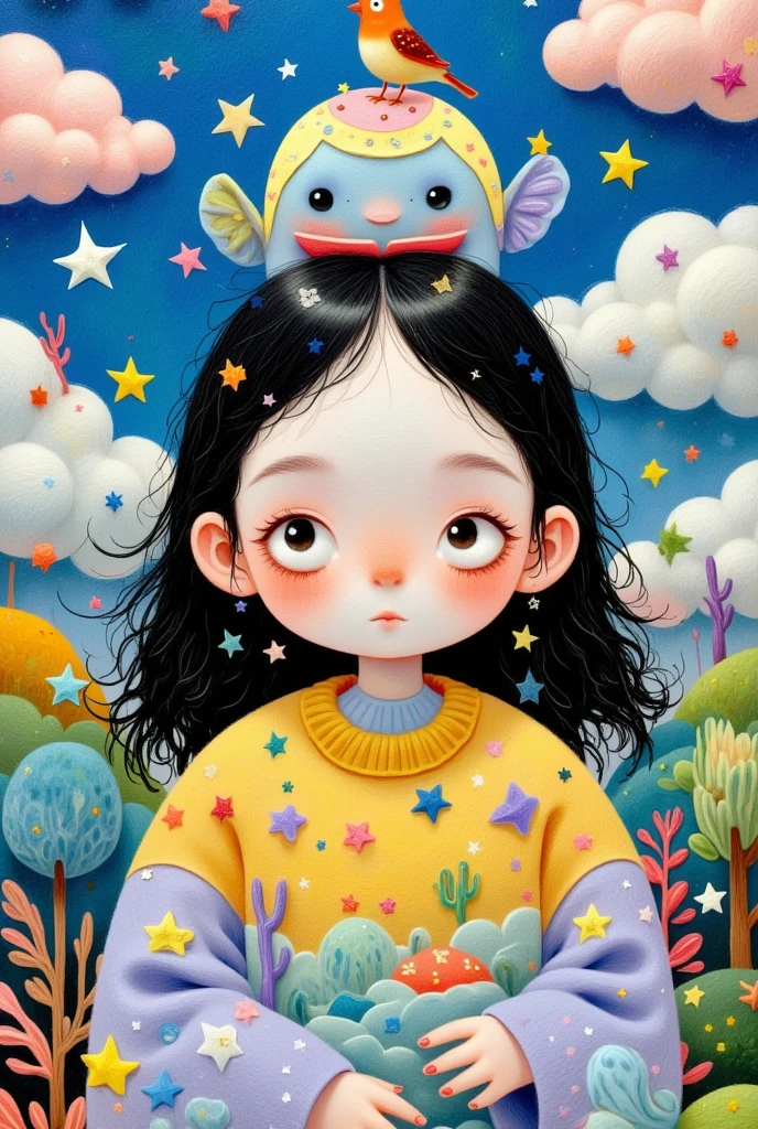 A creative and childish illustration：Colorful black，Lively and interesting，lively，Cute girl with a ship and a bird on her head, Big eyes，Beeple 和 Jeremiah Ketner, Jane Newland, Pop Surrealism, Pop Surrealism art style, Pop-Surrealism, lowbrow Pop Surrealism, Pop Surrealism lowbrow art style, Tara MacPherson, Alien Girl, Just a joke, Paintings by Andrew Jones, japanese Pop Surrealism, Color illustrations