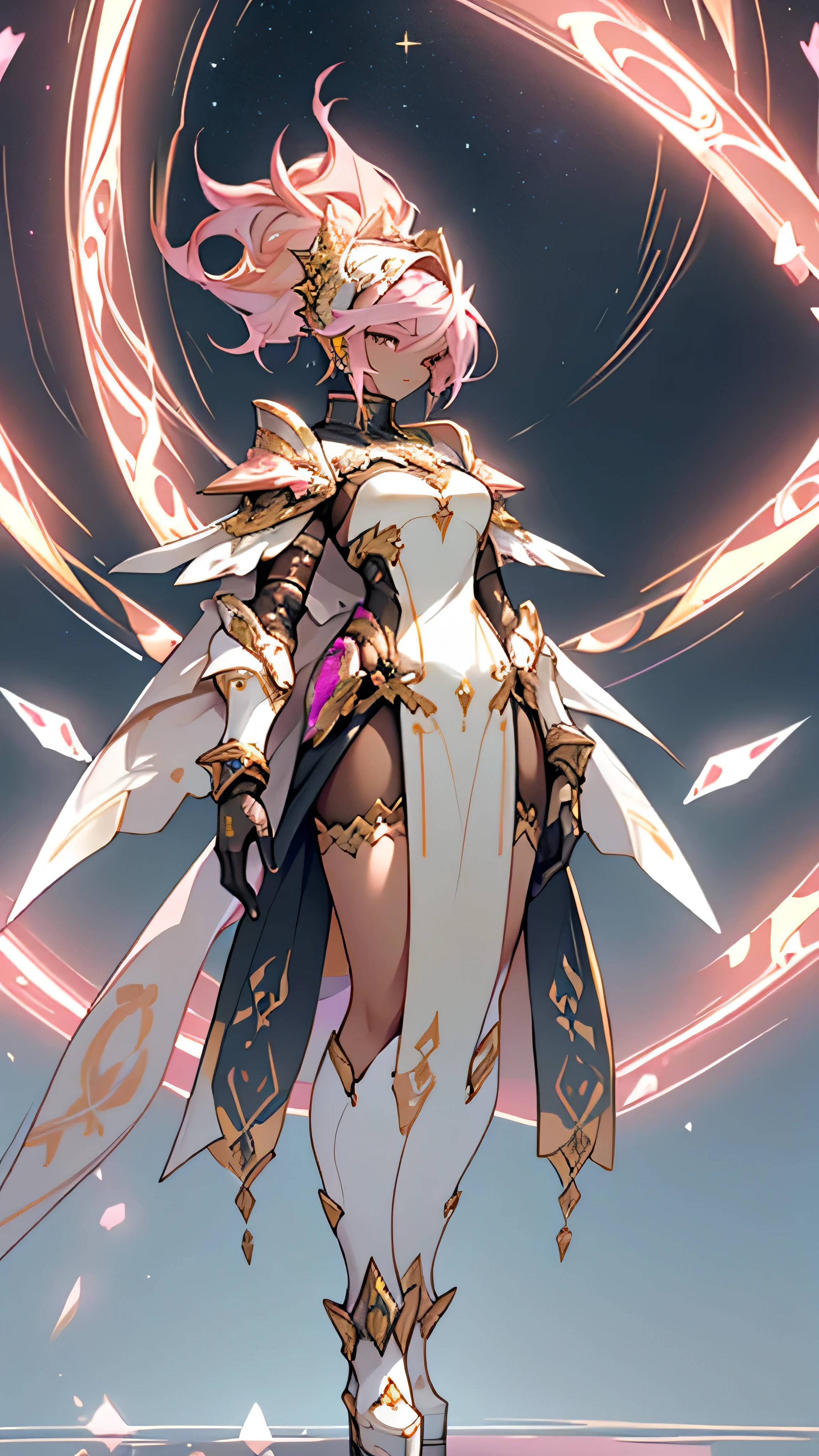 Design a layout showcase Gaming character, (1girl). Golden+Purle clothes, stylish and unique, ((showcase weapon:1.4)), magic staff, (masterpiece:1.2), (best quality), 4k, ultra-detailed, (Step by step design, layout art:1.5), (luminous lighting, atmospheric lighting), magican, ((glove full hands)), (((revealing clothes:1.3))), vambraces, armored legwear, (((full_body_shot:1.4)))