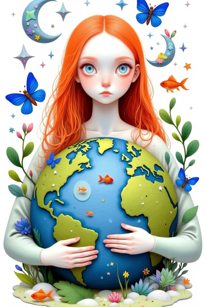 1girl,animal,aqua eyes,artist name,bird,blue butterfly,blue eyes,bug,butterfly,circle,Crescent Moon,earth \(Planet\),fish,goldfish,leaf,long hair,looking at viewer,makeup,moon,orange hair,Planet,simple background,Alone,Star \(symbol\),upper body,white background，Embrace the Earth，Environmental friendly