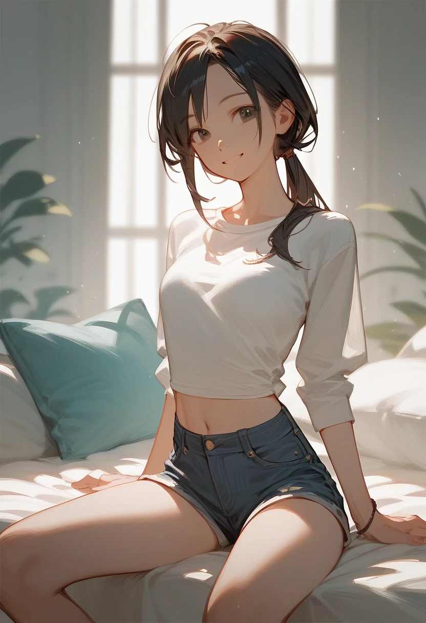 ((Best masterpiece, Perfect quality, Ultra detailed)), A girl is wearing camisole and black shorts. Small bust, Skinny body