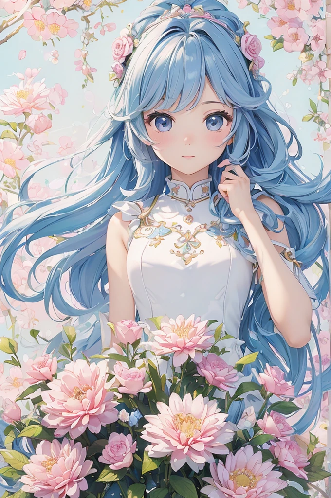 (masterpiece、Best Quality、super high quality、Beautiful and beautiful:1.2)、Super cute girl 3DMM robot、Flowery hair、Laminated Sleeveless Armor、Pop pastel colors、cure、Warm atmosphere、Surrounded by flowers、Side light、8k、wallpaper