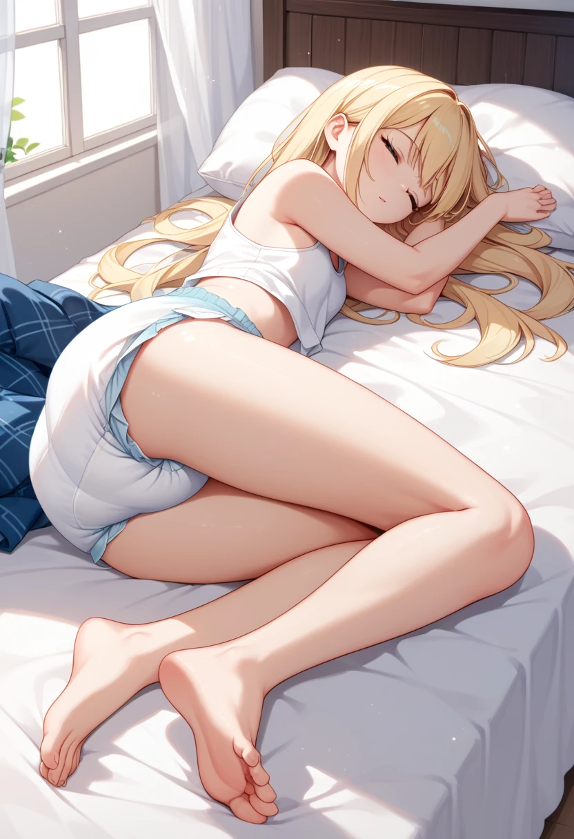 Beautiful long blonde　White tank top　bottomless　diaper　Sleeping in bed　barefoot　Open your legs