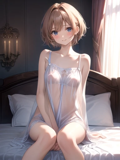 (Transparent and transparent nightgown), (Almost naked nightgown), Cute girl, wearing only a nightgown that shows through her skin, ((Sitting on the bed with her legs spread and showing off her crotch)), her nipples are coming out of a small size nightgown, a large size, shy, very embarrassing, view viewers, detailed skin, detailed face, slender, girl, best quality, ultra-detail, full HD, 4K, 8k, short hair