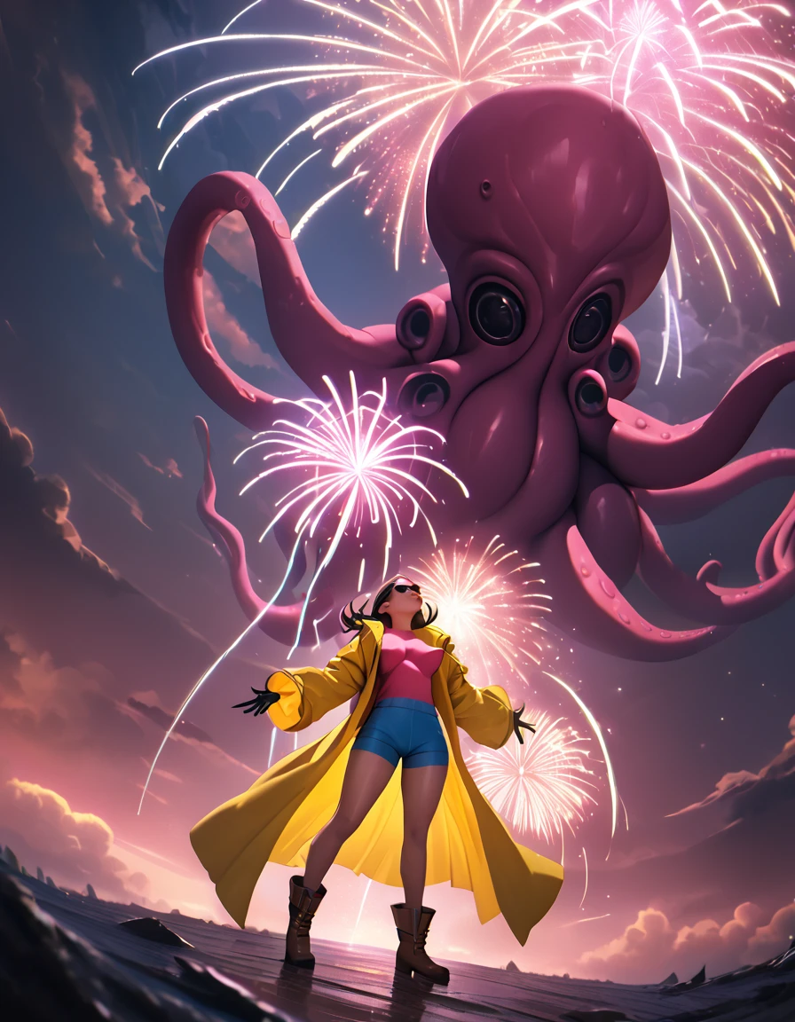 (wide angle), a girl in a yellow coat and gloves, pink shirt, blue shorts and boots, shooting fireworks from her hands at a giant octopus, highly detailed, 8k, dramatic lighting, color grading, fantasy, surreal, cinematic, striking pose, dynamic action, intricate details, ultraST, skin_tight, covered_erect_nipples, cameltoe, impossible_clothes, clamJBLee97, cJsunglasses