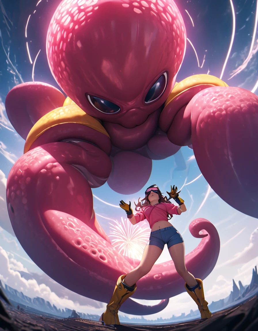 (wide angle), a girl in a yellow coat and gloves, pink shirt, blue shorts and boots, shooting fireworks from her hands at a giant octopus, highly detailed, 8k, dramatic lighting, color grading, fantasy, surreal, cinematic, striking pose, dynamic action, intricate details, ultraST, skin_tight, covered_erect_nipples, cameltoe, impossible_clothes, clamJBLee97, cJsunglasses