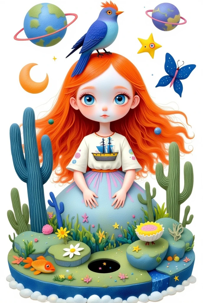 A creative and childish illustration：Colorful black，Lively and interesting，lively，Cute girl with a ship and a bird on her head, Big eyes,artist name,bird,blue butterfly,blue eyes,bug,butterfly,circle,Crescent Moon,earth \(Planet\),fish,goldfish,leaf,long hair,looking at viewer,makeup,moon,orange hair,Planet,simple background,Alone,Star \(symbol\),upper body,white background，Embrace the Earth，Environmental friendly