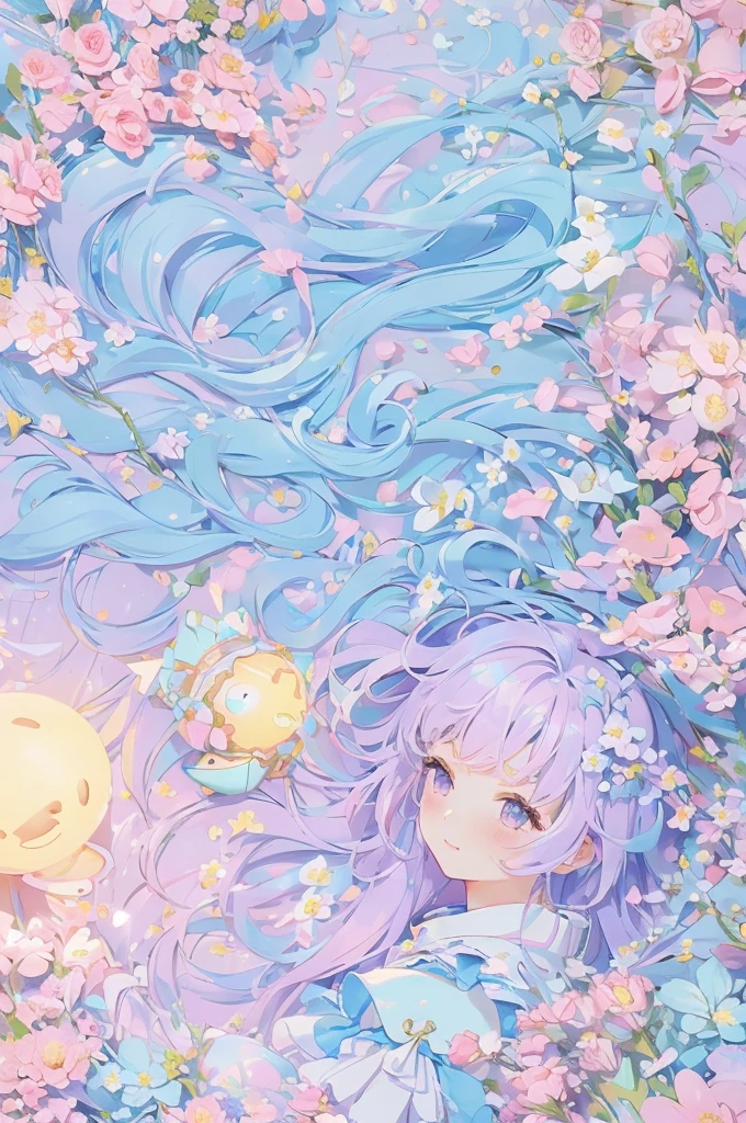 (masterpiece、Best Quality、super high quality、Beautiful and beautiful:1.2)、Super cute girl 3DMM robot、Flowery hair、Sleeveless Armor、Pop pastel colors、cure、Warm atmosphere、Surrounded by flowers、Side light、8k、wallpaper