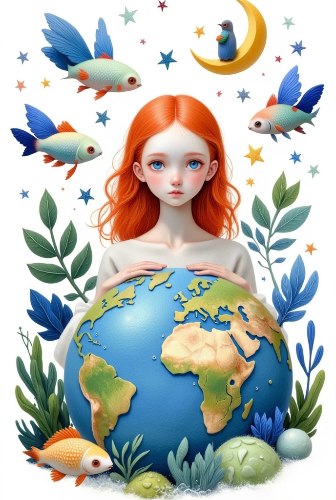 1girl,animal,Tears,artist name,bird,blue butterfly,blue eyes,bug,butterfly,circle,Crescent Moon,earth \(Planet\),fish,goldfish,leaf,long hair,looking at viewer,makeup,moon,orange hair,Planet,simple background,Alone,Star \(symbol\),upper body,white background，Embrace the Earth，Environmental friendly