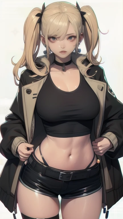 anime art of a Blondeed girl with yellow hair and black jacket, One girl 25 yo, Alone, belly button, Shorts, jacket, Long Hair, smile, abdomen, chest, Open your mouth, black jacket, Twin tails, Choker, short Shorts, View your viewers, Hair accessories, belt, white shirt, Blonde, shirt, open jacket, black Shorts, Crop top, Earrings, x Hair accessories, black Choker, jewelry, :d, Simple Background, Cowboy Shot, cropped jacket, Clevis, black belt, Open clothes, White background, clavicle, hair ribbon, ribbon, low Twin tails , (Best Quality, masterpiece, Super detailed, figure:1.2),(8K wallpaper),(beautiful Detailed eyes:1.2), beautiful, wonderful, Detailed eyes, (Detailed skin),Cinematic Lighting
