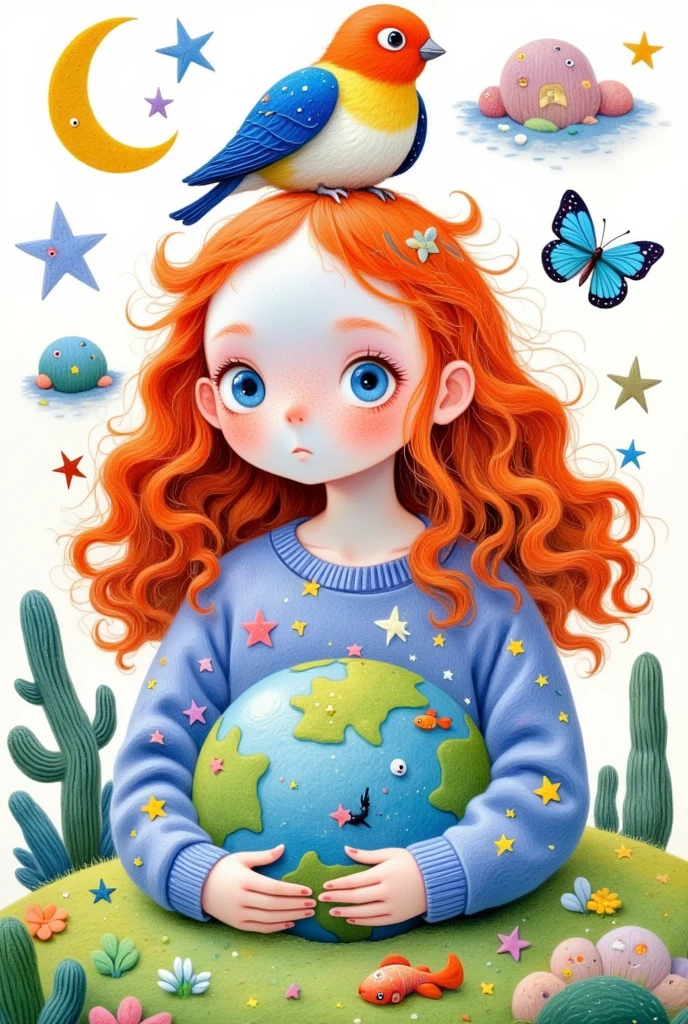 A creative and childish illustration：Colorful black，Lively and interesting，lively，Cute girl with a bird on her head, Big eyes,artist name,bird,blue butterfly,blue eyes,bug,butterfly,circle,Crescent Moon,earth \(Planet\),fish,goldfish,leaf,long hair,looking at viewer,makeup,moon,orange hair,Planet,simple background,Alone,Star \(symbol\),upper body,white background，Embrace the Earth，Environmental friendly