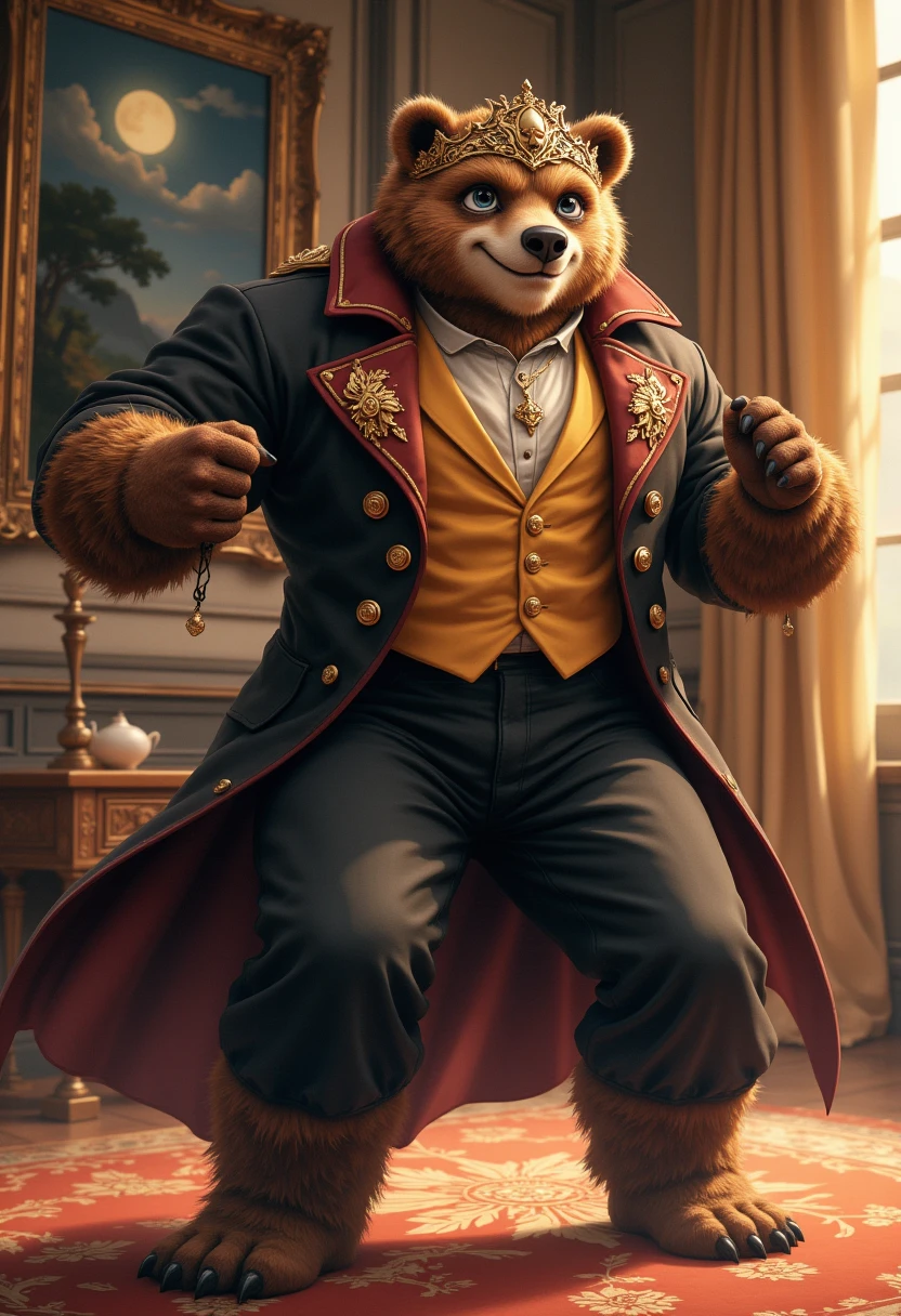 masquerade, a muscular middle-aged bear man, light smile, flamboyant, pants, beautiful mask, tailcoat, dancing, detailed painting landscape, moonlit night, grand ballroom, indoor, BREAK full body in Michelangelo Buonarroti style, digital illustration anime, character focus, full body, looking away, dynamic angle, niji6, BREAK complete anatomy, perfect proportions, beautiful thigh gap, fluffy body, intricate fur details, beautiful fur texture, BREAK detailed bear tail, detailed boots, beautiful foot, detailed hands, 5fingers, 5fingers nails, BREAK aesthetic anime face, insanity detailed face, male face, big face, square jawline, aesthetic anime eyes, detailed brown eyes, detailed brown cornea, detailed dark brown irises, detailed pupils, male eyes, big eyes, male eyebrows, innocent look, beautiful beard, BREAK masterpiece, official art, best quality, very aesthetic, absurdres, super fine illustration, great quality, BREAK noise reduction, very highres, large filesize, high quality, 32K, 8k wallpaper, dynamic lighting, BREAK insanity detailed, ultra detailed, intricate details, extremely detailed, detailed texture, an extremely delicate and beautiful, full color, HDR, BREAK e621 uncut Fur Affinity illustration, osukemo, kemohomo, anthropomorphic, furry, cartoon, harmonious eyes, pastoral face, virtuous body, epic atmosphere