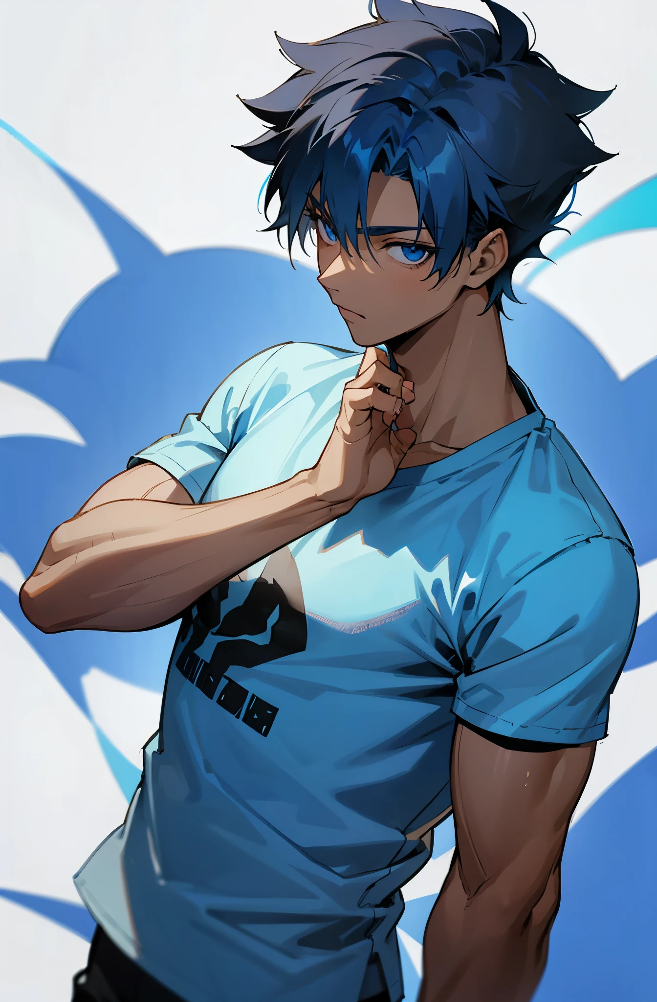 Young teen, male, black skin color, blue eyes, dark blue hair, Tshirt, 