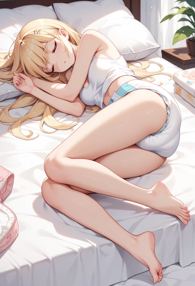 Beautiful long blonde　White tank top　bottomless　diaper　Sleeping in bed　barefoot　Open your legs