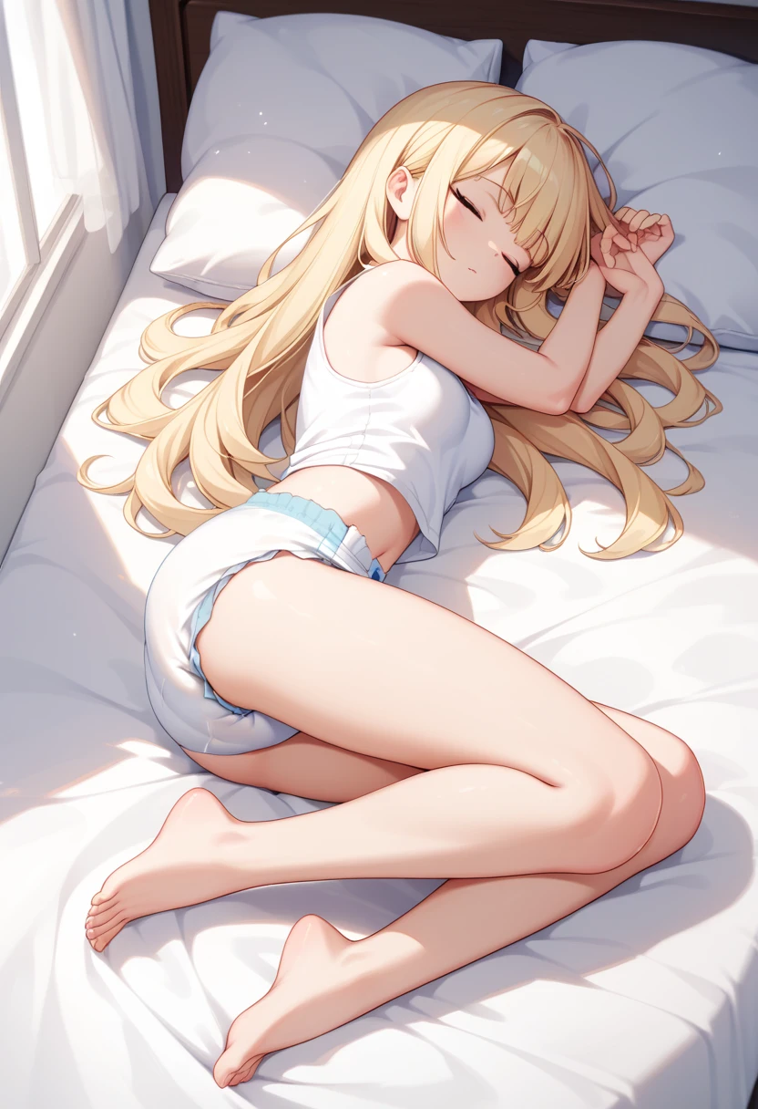 Beautiful long blonde　White tank top　bottomless　diaper　Sleeping in bed　barefoot　Open your legs