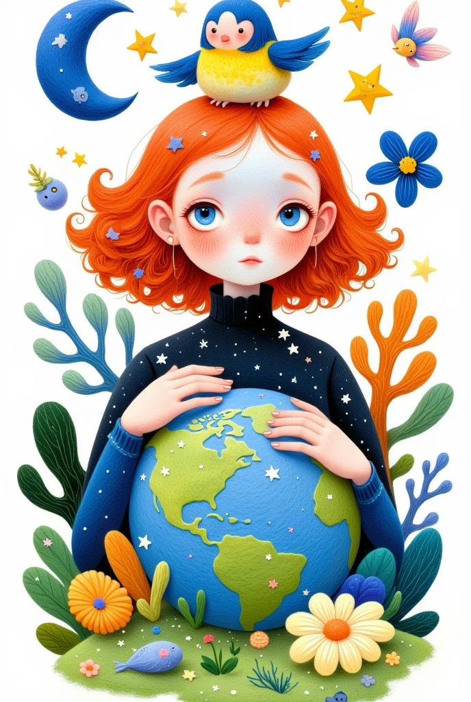 A creative and childish illustration：Colorful black，Lively and interesting，lively，Cute girl with a bird on her head, Big eyes,artist name,bird,blue butterfly,blue eyes,bug,butterfly,circle,Crescent Moon,earth \(Planet\),fish,goldfish,leaf,long hair,looking at viewer,makeup,moon,orange hair,Planet,simple background,Alone,Star \(symbol\),upper body,white background，Embrace the Earth，Environmental friendly