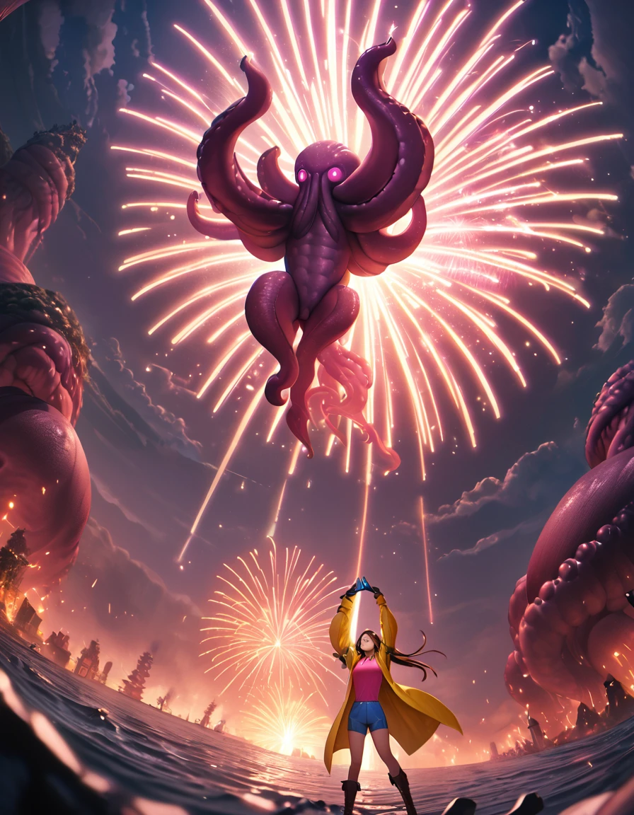 (wide angle), a girl in a yellow coat and gloves, pink shirt, blue shorts and boots, shooting fireworks from her hands at a giant octopus, highly detailed, 8k, dramatic lighting, color grading, fantasy, surreal, cinematic, striking pose, dynamic action, intricate details, ultraST, skin_tight, covered_erect_nipples, cameltoe, impossible_clothes, clamJBLee97, cJsunglasses