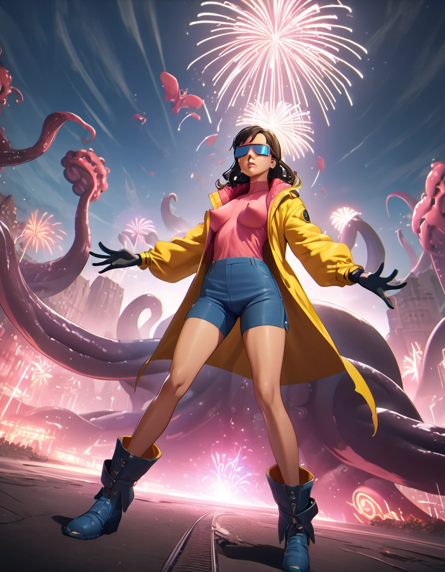 (wide angle), a girl in a yellow coat and gloves, pink shirt, blue shorts and boots, shooting fireworks from her hands at a giant octopus, highly detailed, 8k, dramatic lighting, color grading, fantasy, surreal, cinematic, striking pose, dynamic action, intricate details, ultraST, skin_tight, covered_erect_nipples, cameltoe, impossible_clothes, clamJBLee97, cJsunglasses