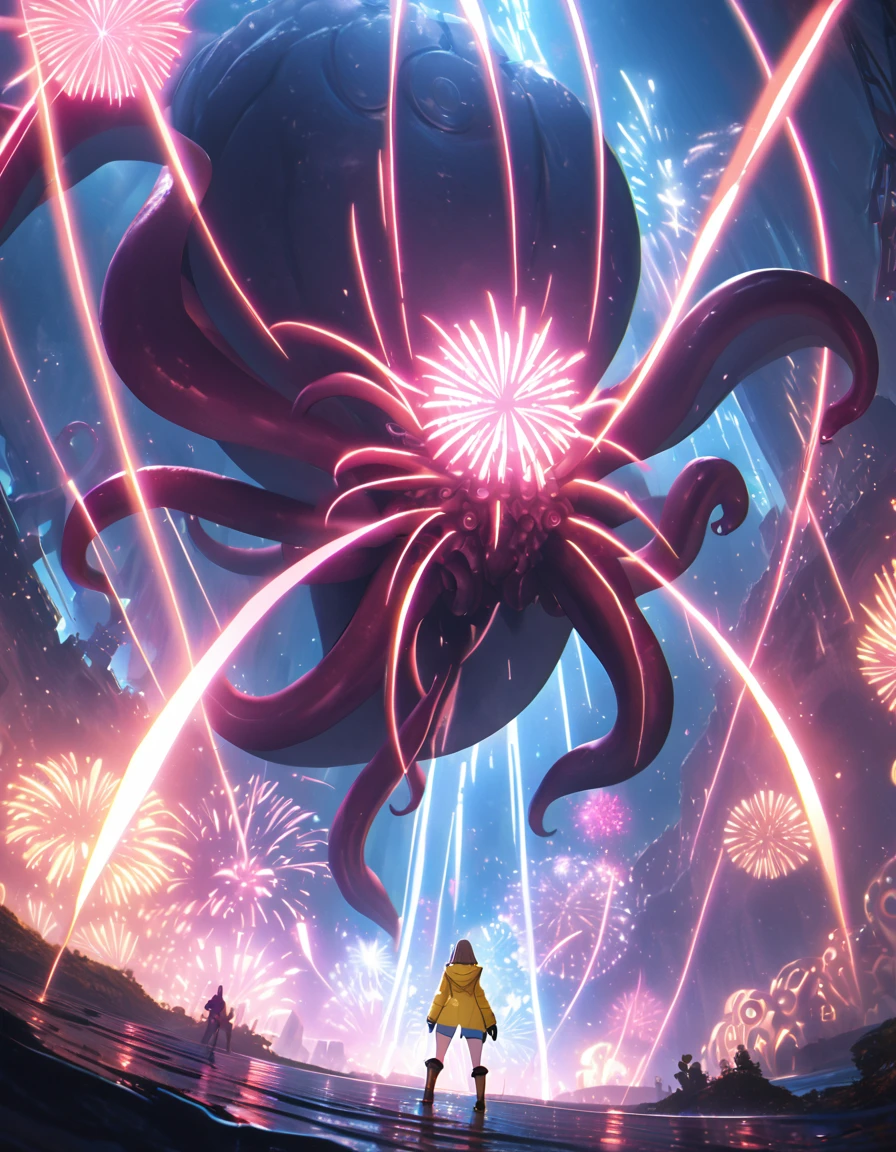 (wide angle), a girl in a yellow coat and gloves, pink shirt, blue shorts and boots, shooting fireworks from her hands at a giant octopus, highly detailed, 8k, dramatic lighting, color grading, fantasy, surreal, cinematic, striking pose, dynamic action, intricate details, ultraST, skin_tight, covered_erect_nipples, cameltoe, impossible_clothes, clamJBLee97, cJsunglasses