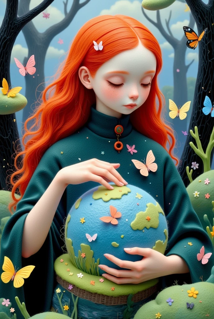 A red-haired woman holding a globe，Surrounded by butterflies, Digital art inspired by Victor Nizovtsev, cg Club Competition Winners, Pop Surrealism, Mother Earth, With Earth, Gently touch the earth, A beautiful art illustration, Holding the Earth, Beautiful digital illustrations, Exquisite digital illustrations, Lovely detailed digital art, Wonderful world, Gorgeous digital art, Cute digital art