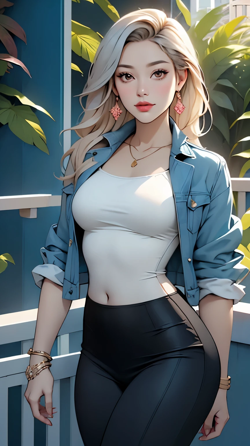 cosmetic, Mascara, Lips are toned or colored, Colorful, Vibrant, Artistic, Popular on artstation, Psychedelic Background, Urban Park, On the balcony, Clean, Distinctive design, Flowing silhouette, Tight skirts and leggings, dress, Shirts & Blouses, Asymmetry, Geometric, grace奢华的材质和设计, Minimal Accessories, Slim neckLaces and rings in silver or gold, Simple bracelet, Chic design, Colorful and exquisite的风格, grace, Lace, High quality materials, A cool and urban impression, High Fashion, Colorful and exquisite, Solitary, 1 Girl, Pretty Face, Perfect face, (Big ), Sexy body, High contrast, Beautiful young woman, 4K, High quality, Dynamic Light, Godrej, The lighting is beautiful, Dynamic Lighting and shadows, Light shining through leaves, Big , Highlights, Shining Skin, Shining Lights, Bright reflections, Flashing light reflections, High Fashion, Long hair, jacket, number of layers of clothing, Navel, look up, Naughty