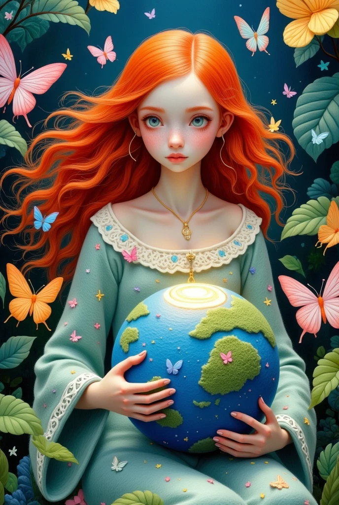 A red-haired woman holding a globe，Surrounded by butterflies, Digital art inspired by Victor Nizovtsev, cg Club Competition Winners, Pop Surrealism, Mother Earth, With Earth, Gently touch the earth, A beautiful art illustration, Holding the Earth, Beautiful digital illustrations, Exquisite digital illustrations, Lovely detailed digital art, Wonderful world, Gorgeous digital art, Cute digital art