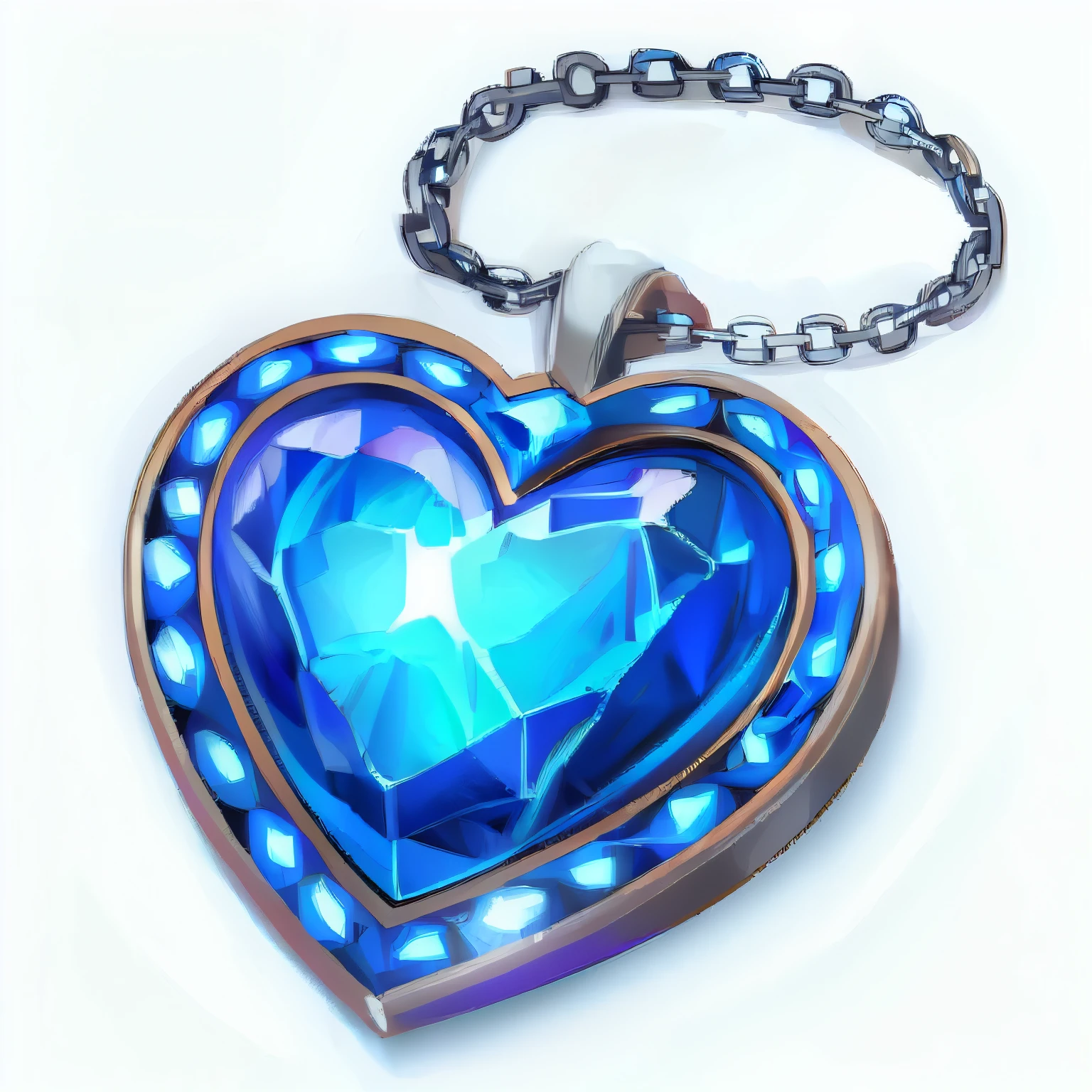 Heart Shaped Blue Gemstone Necklace，Game style icons，White background，Cartoon style design，Details，Silver chain with luminous effect，Fantasy elements，Metal Texture，Character focus，high resolution。
