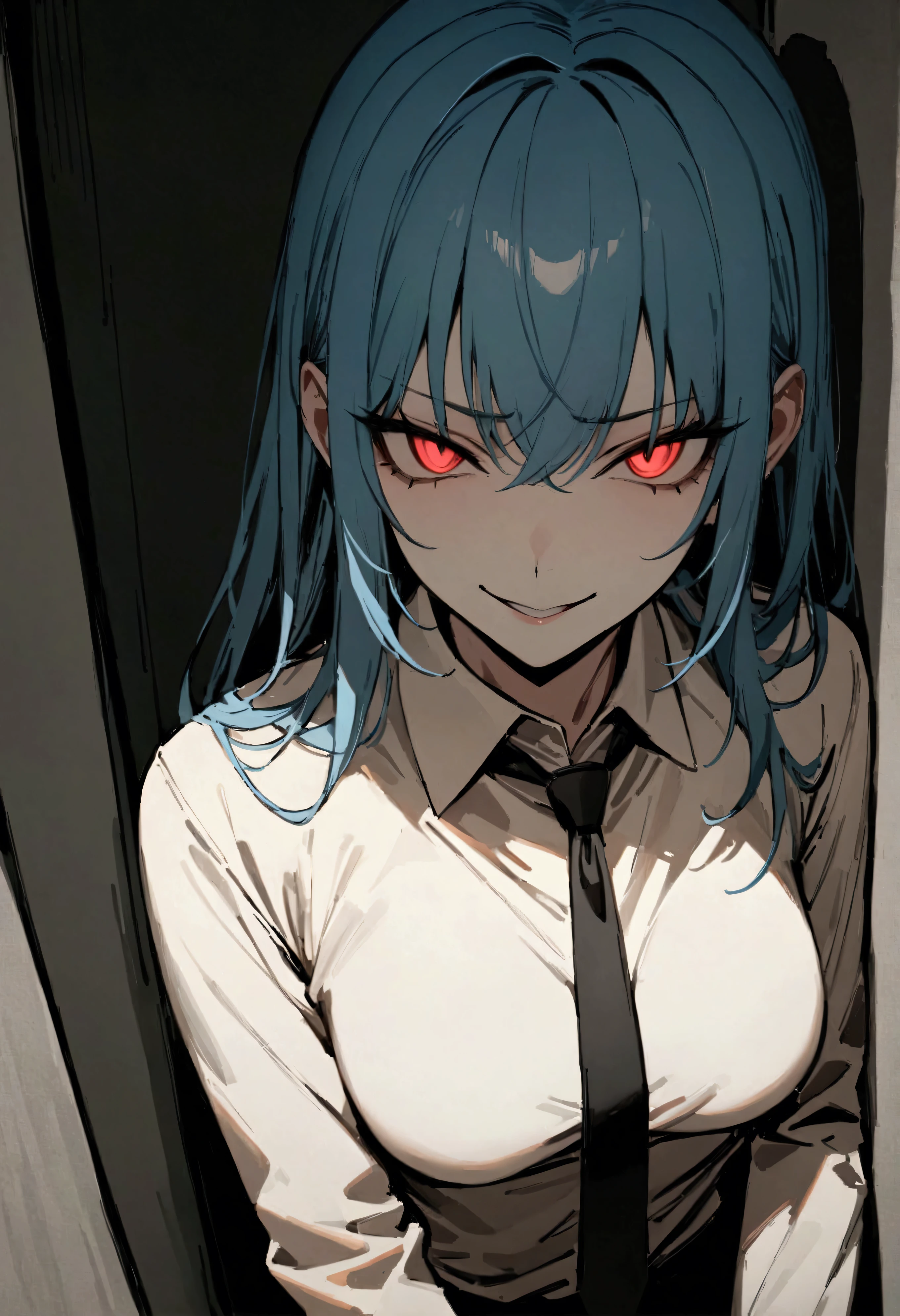 (masterpiece:1.2, The best quality), 1 woman, top del cuerpo, Long sleeve shirt, black tie, casual, medium breasts, blue hair, Minimalist makeup,pale,natural fabrics, close up of face, evil smile, bright red eyes circular pupils,8k high resolution, detailed lines, ((top)),