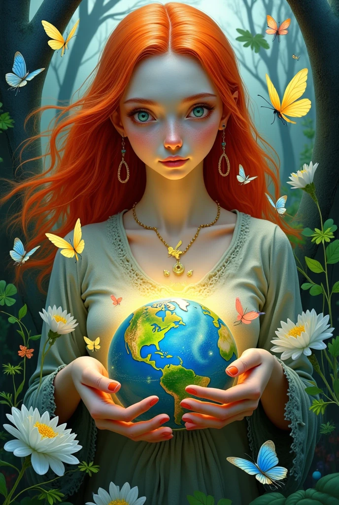 A red-haired woman holding a globe，Surrounded by butterflies, Digital art inspired by Victor Nizovtsev, cg Club Competition Winners, Pop Surrealism, Mother Earth, With Earth, Gently touch the earth, A beautiful art illustration, Holding the Earth, Beautiful digital illustrations, Exquisite digital illustrations, Lovely detailed digital art, Wonderful world, Gorgeous digital art, Cute digital art