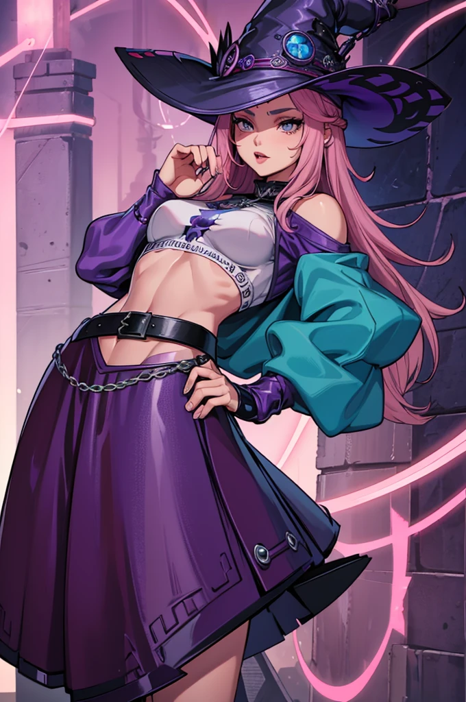  Girl 19 years old, pink hair, blue colored eyes, long hair, muscular, purple witch hat, viking leather skirt, bear skin clothes. Purple cropped one shoulder long sleeve. Feel like alchemy with colored liquids. em um campo verdejante, Riu.