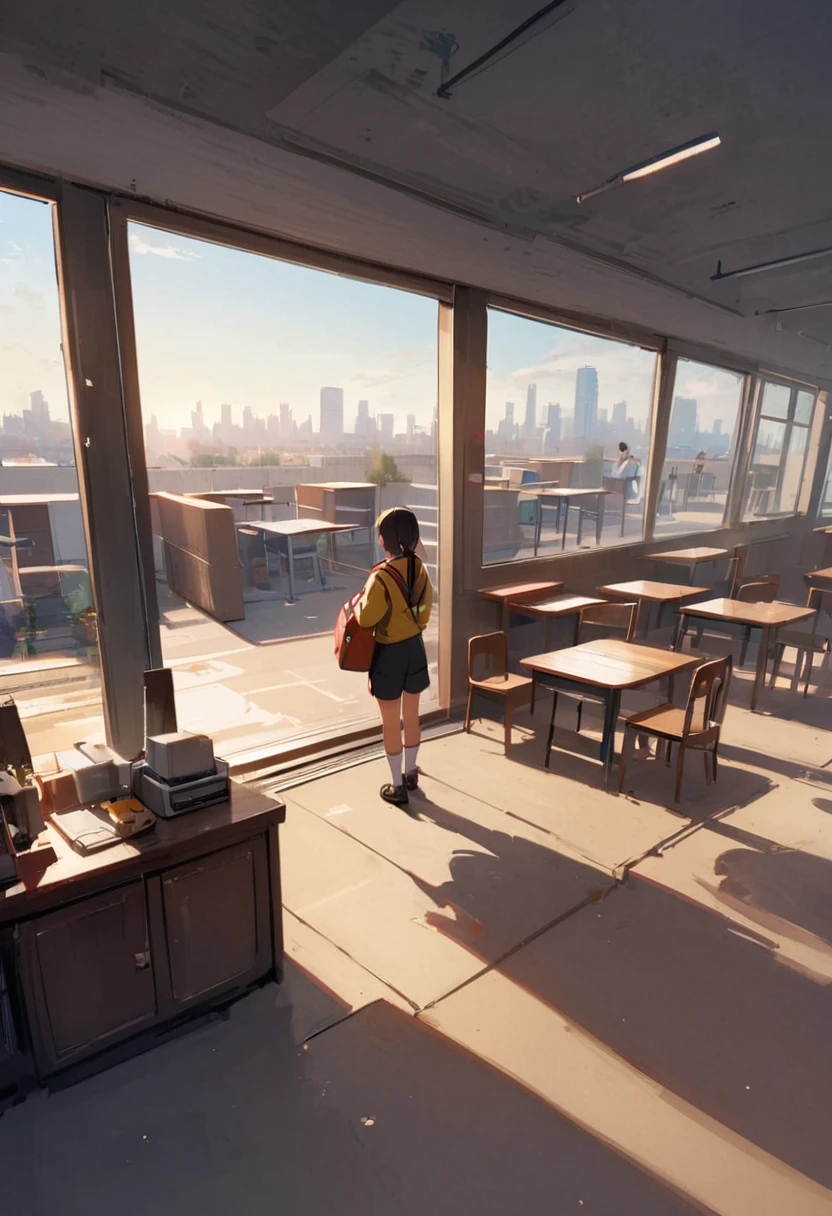 School building、In a Japanese classroom、window、null、machine、chair、corridor、masterpiece、best quality、ultra-detail、Dynamic Angle、City、During class、club activities、playground、Landscape painting
