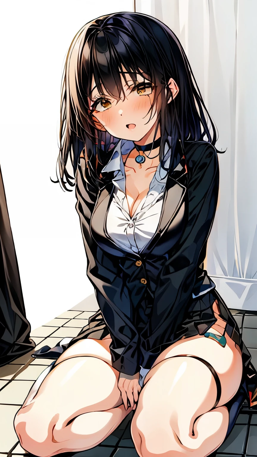 Choker,Low angle,最high quality,High resolution,high quality,Realistic,sit,Spread your legs,Random hairstyle,business suit,Tight skirt,whole body,Ahegao,High heels,vibrator,Identification card