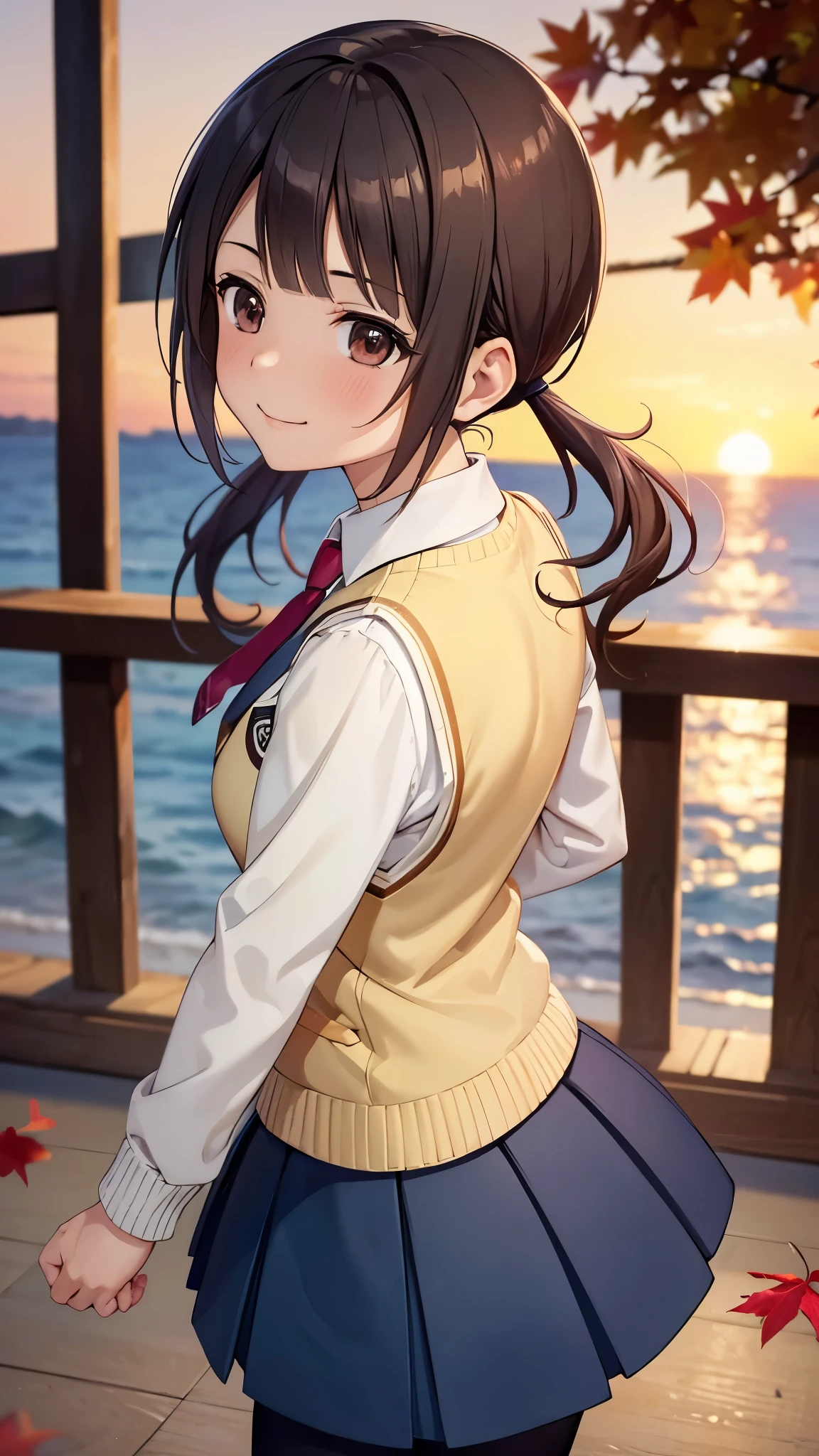 (16k,Ultra-high resolution,Best Quality,masterpiece,Very detailed,Extremely clear CG),Okinawa looking back at the camera, low twintails,Anatomically correct body,Very detailed顔の特徴, Beautiful and perfect face,,red necktie, yellow sweater vest, blue skirt, pantyhose,Park in the evening,Vivid autumn leaves,sunset,Perfect Eyes,Place your arms behind your back.:1.3,Top view,Looking at the camera,Smiling at the audience,red cheek,Enoshima,Photographing the back