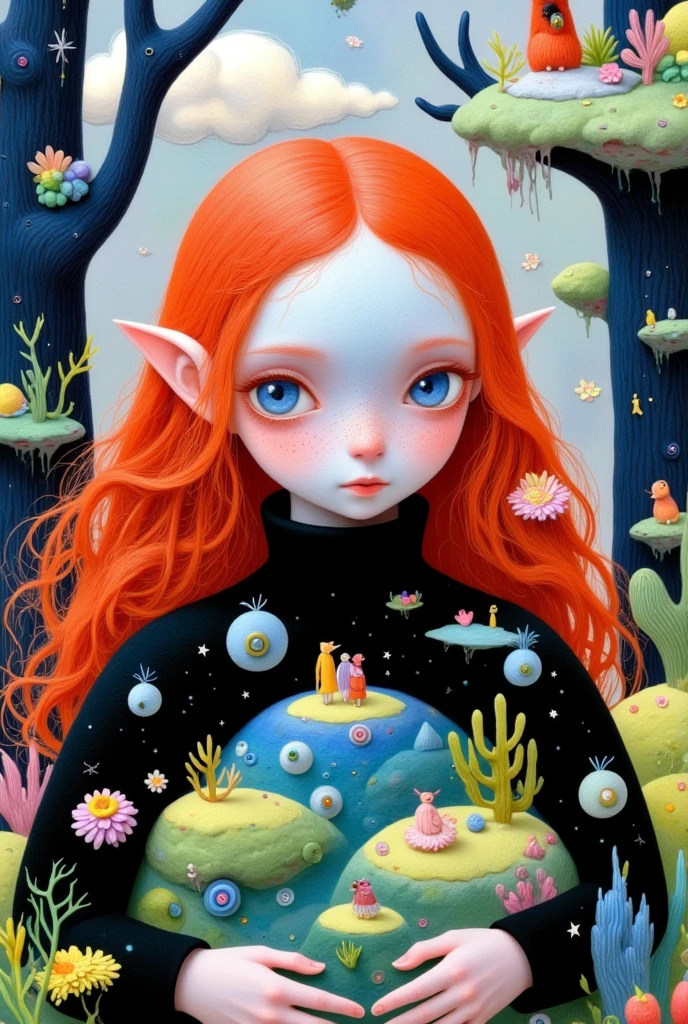 Cute night elf，Red long hair，Fangs, Digital Art by Martine Johanna, tumblr, Pop Surrealism, Pop Surrealism art style, A beautiful art illustration,