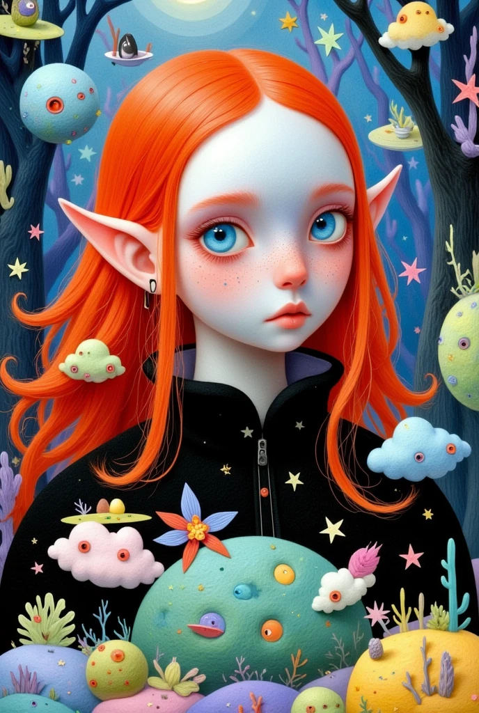 Cute night elf，Red long hair，Fangs, Digital Art by Martine Johanna, tumblr, Pop Surrealism, Pop Surrealism art style, A beautiful art illustration,Beautiful digital illustrations, Benjamin Lacombe, Exquisite digital illustrations, Pop-Surrealism, Fantasy illustrations，