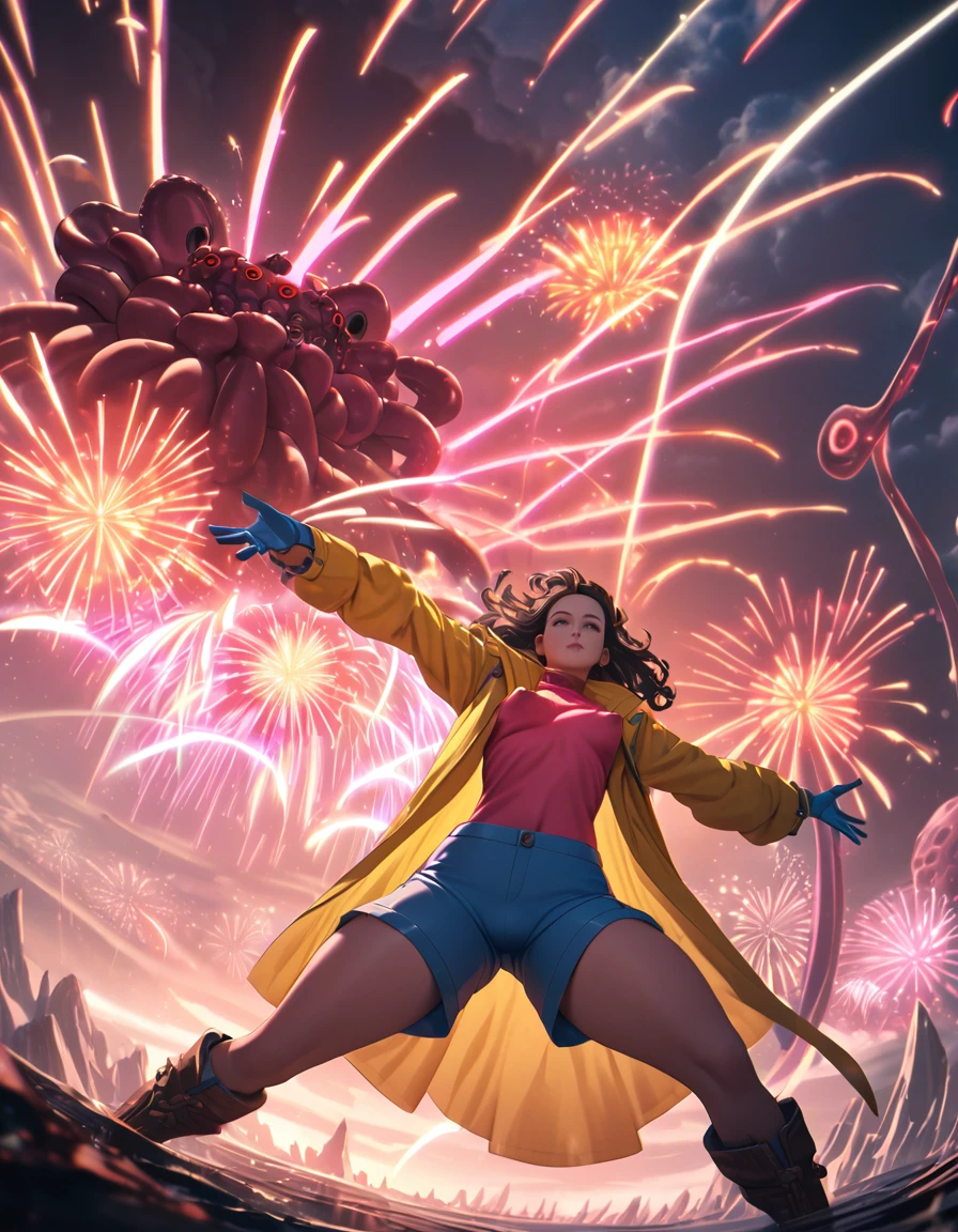 (wide angle), a girl in a yellow coat and gloves, pink shirt, blue shorts and boots, shooting fireworks from her hands at a giant octopus, highly detailed, 8k, dramatic lighting, color grading, fantasy, surreal, cinematic, striking pose, dynamic action, intricate details, detailed face, beautiful eyes, beautiful detailed face, ultraST, skin_tight, covered_erect_nipples, cameltoe, impossible_clothes, clamJBLee97, cJsunglasses