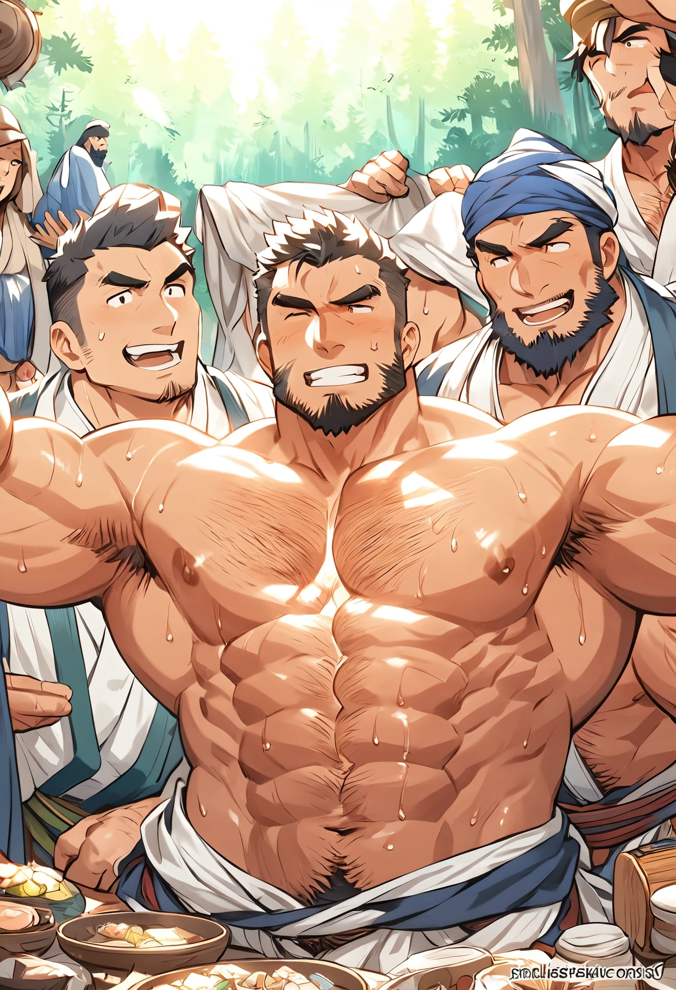 masterpiece, best quality, Japanese, muscular, chest hair, pubic hair, sweat, heat, Forest, party of three, group of three, traveler, merchant