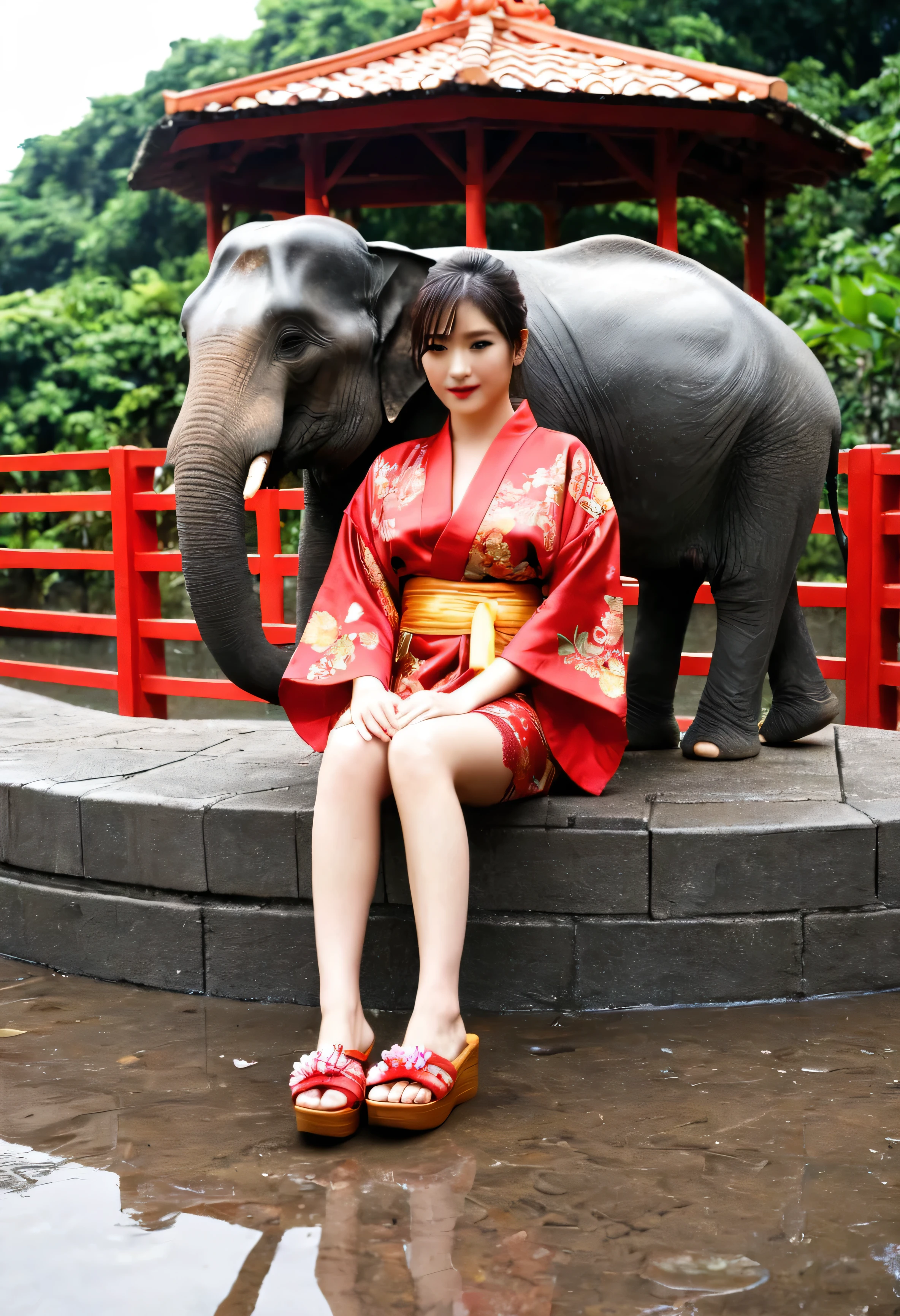 extremely detailed CG unity 8k wallpaper, realistic, hand by Guido Daniele, wearing kimono_clothes, wooden bridge, sakuramon, wreath,lace-trimmed kimono, stone brick road, she is sat on an elephant, a wet road, clogs, two toe 