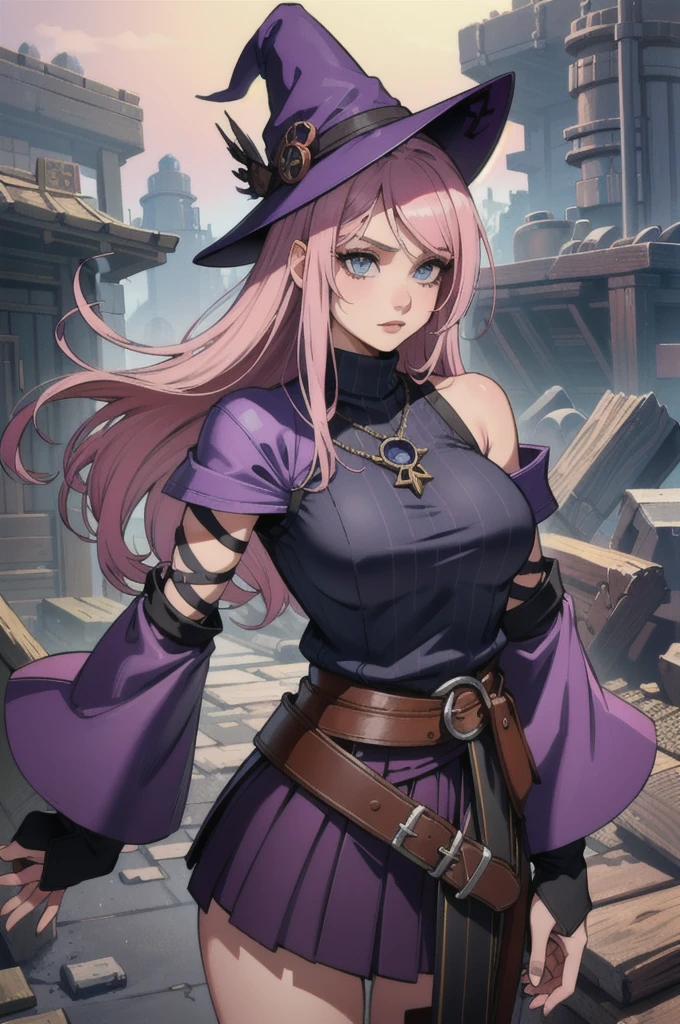 Girl 19 years old, pink hair, blue colored eyes, long hair, muscular, purple witch hat, viking leather skirt, bear skin clothes. Purple long sleeve one shoulder cropped. I feel like alchemy, two hatchets I don't feel. em um campo verdejante, Riu.