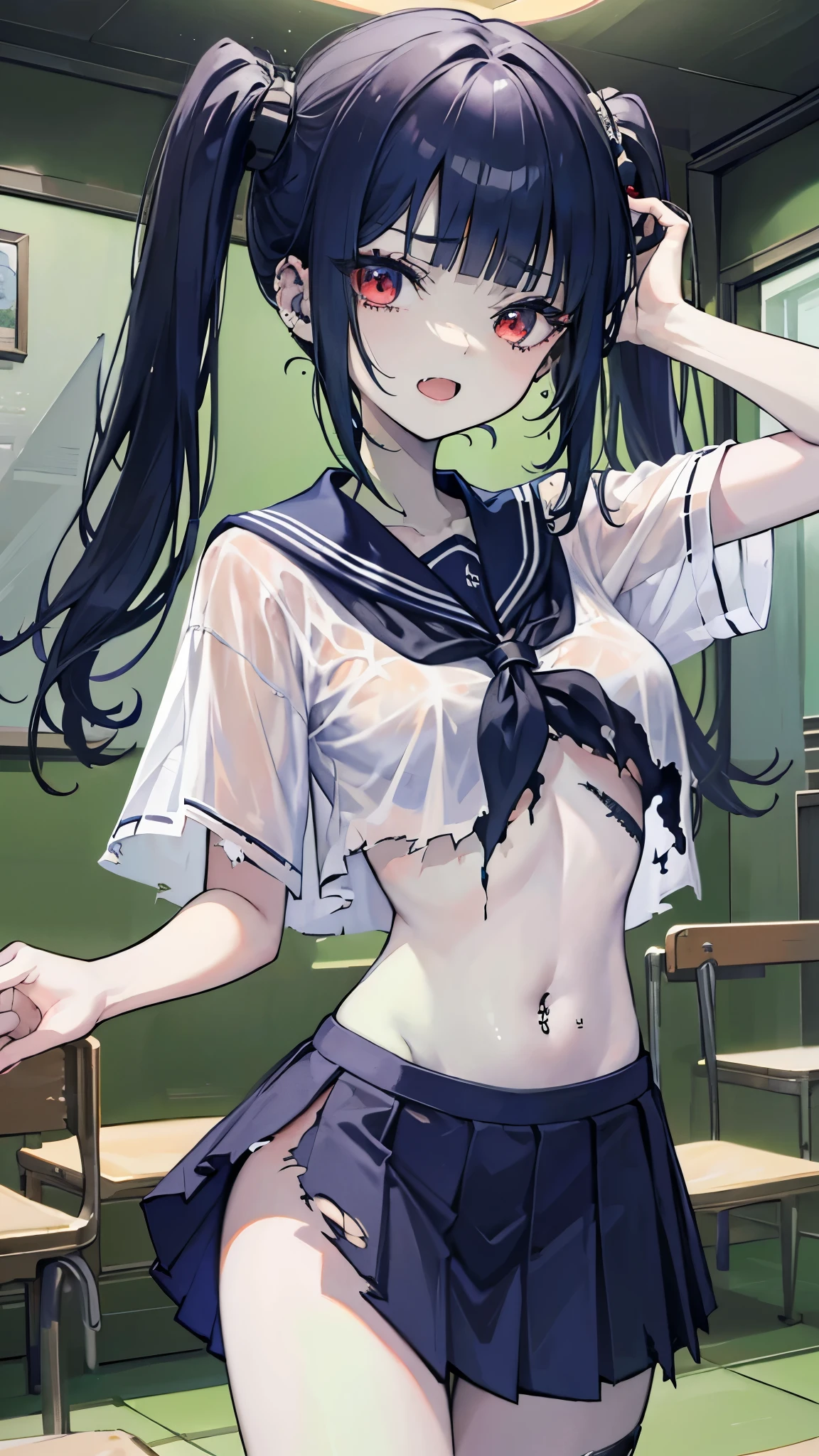 ((masterpiece、Best Quality、Very detailed))、One Girl、((Green Skin))、Black Hair、Two Side Up、blunt bangs、Red eyes、((open mouth))、((lots of piercing))、Small breasts、Show your fangs、((school uniform))、((Short sleeve))、((torn clothes:1.3))、belly button、((Navy blue pleated skirt))、((micro titched face))))、((patchwork skin))、Cowboy Shot、((night))、cemetery