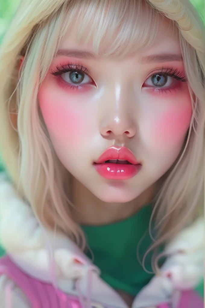 (detailed), studio lighting, hyper detailed, realistic portrait, Perfect Face.1 teenage girl, 、Blue eyes with well-defined double eyelids and long eyelashes, in the white snow backdrop, realistic face, detailed skin, ピンクblond long bob hair 、bangs covering forehead, extremely detailed lips, large mouth, full, plump, glossy light pink lips, natural-looking makeup, transparent lip gloss, with off-shoulder mini summer dress, photorealistic, ((Best Quality)), ((masterpiece)), high quality, 8k, masterpiece