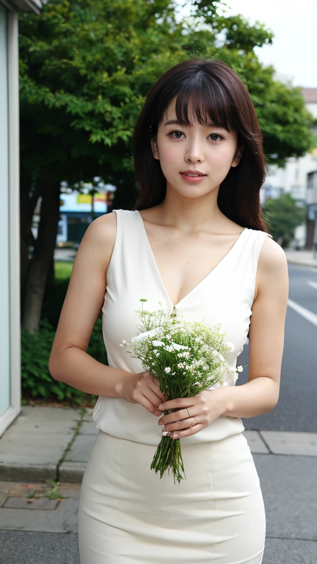 32K ...、High resolution、Best Quality、photograph、Inserted into real life,One Girl、Alone、White skin、Natural Makeup、Black Hair、Semi-long hair、Big Breasts,Looking at the camera、Outdoor,(Business Style),V-neck sleeveless blouse, Beige mini skirt , jewelry、((Bust Shot),Gypsophila、bouquet,