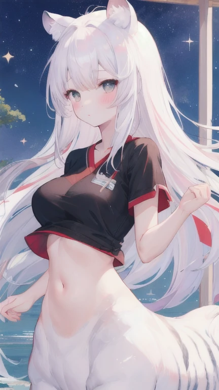 loli, cute, long hair, white hair, red eyes, flat chest, looking at viewer, shirtless, black jacket, white panties, standing, depth of scenery, desert, night, nebulae