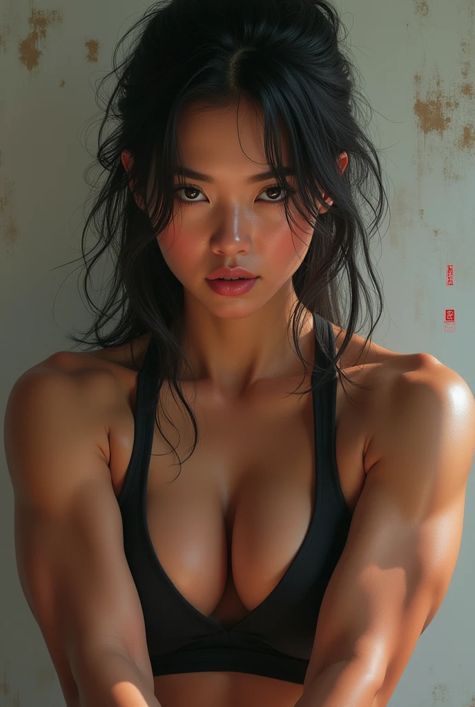 (RAW photo, best quality), (realistic, photo-realistic:1.3),best quality,highly detailed,masterpiece,ultra-detailed,illustration,chun_li_of_street_figther, nude,upper_body,dynamic angle,world masterpiece theater,messy_long_hair,best quality,extremely detailed CG unity 8k wallpaper,ink,Amazing,cinematic lighting,lens_flare, dunhuang_style