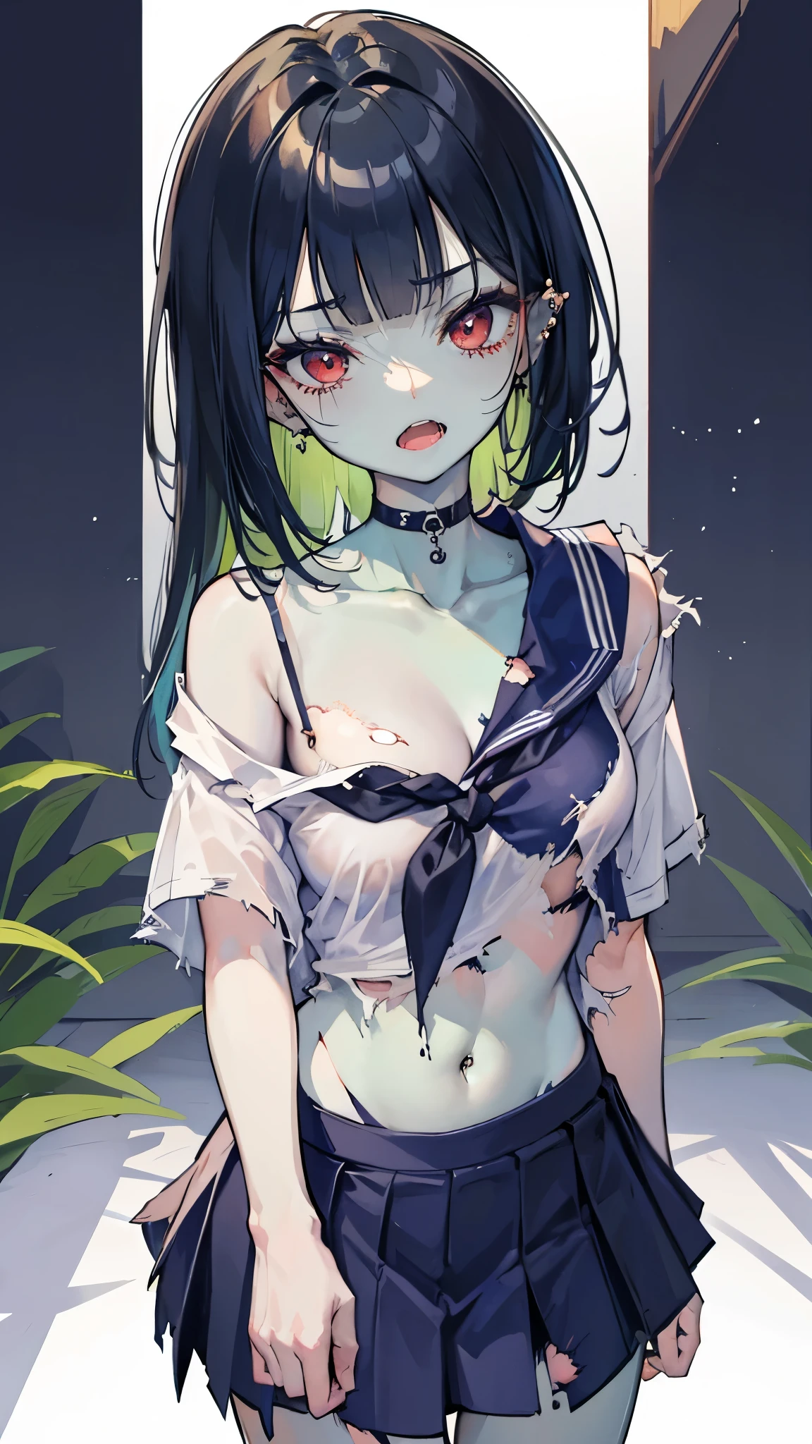 ((masterpiece、Best Quality、Very detailed))、One Girl、((Green Skin))、Black Hair、Short Two Sides Up、blunt bangs、Red eyes、((open mouth))、((lots of piercing))、Small breasts、Show your fangs、((school uniform))、((Short sleeve))、((torn clothes:1.3))、belly button、((Navy blue pleated skirt))、((micro titched face))))、((patchwork skin))、Cowboy Shot、((night))、cemetery
