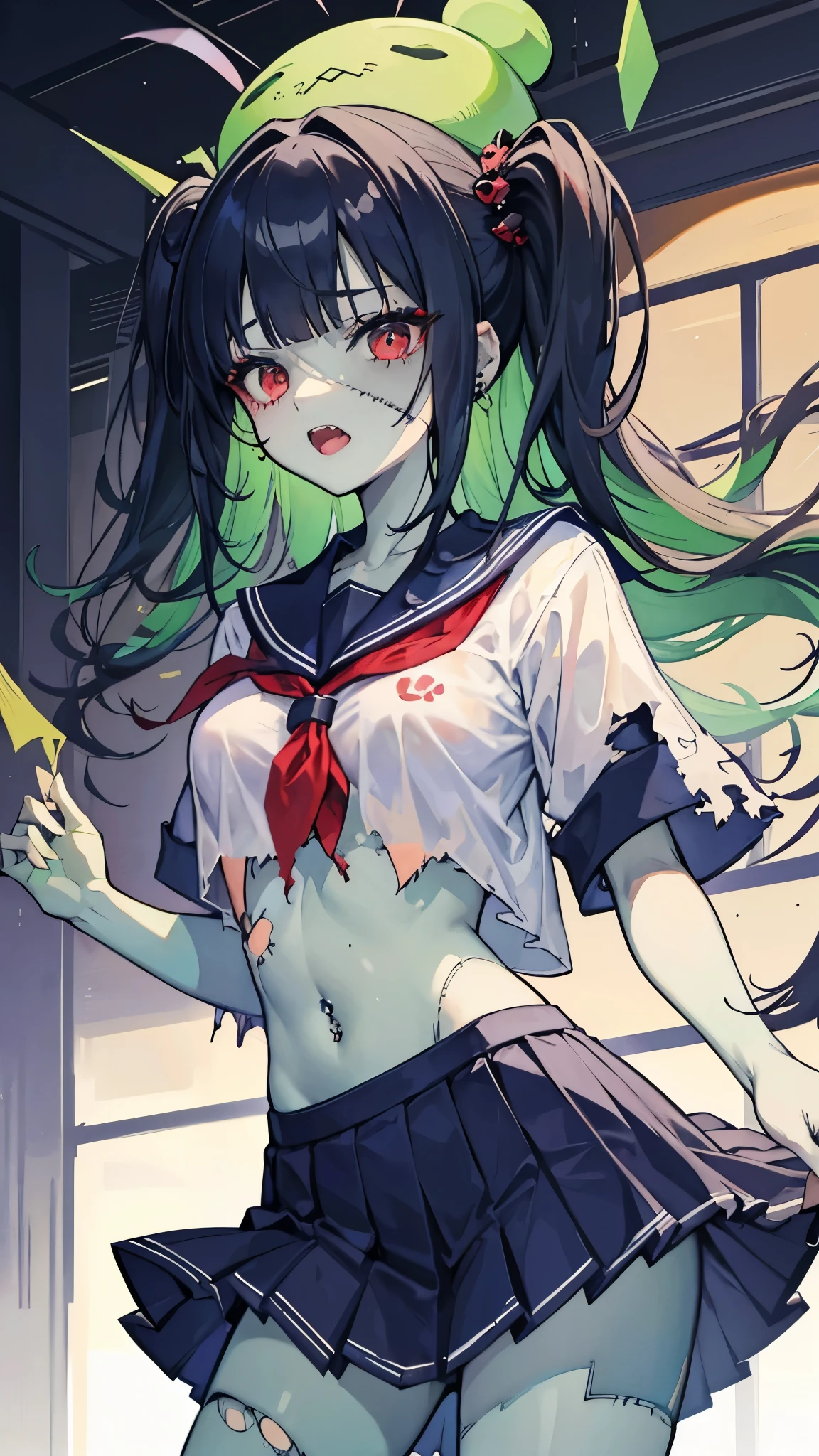 ((masterpiece、Best Quality、Very detailed))、One Girl、((Green Skin))、Black Hair、Two Side Up、blunt bangs、Red eyes、((open mouth))、((lots of piercing))、Small breasts、Show your fangs、((school uniform))、((Short sleeve))、((torn clothes:1.3))、belly button、((Navy blue pleated skirt))、((micro titched face))))、((patchwork skin))、Cowboy Shot、((night))、cemetery