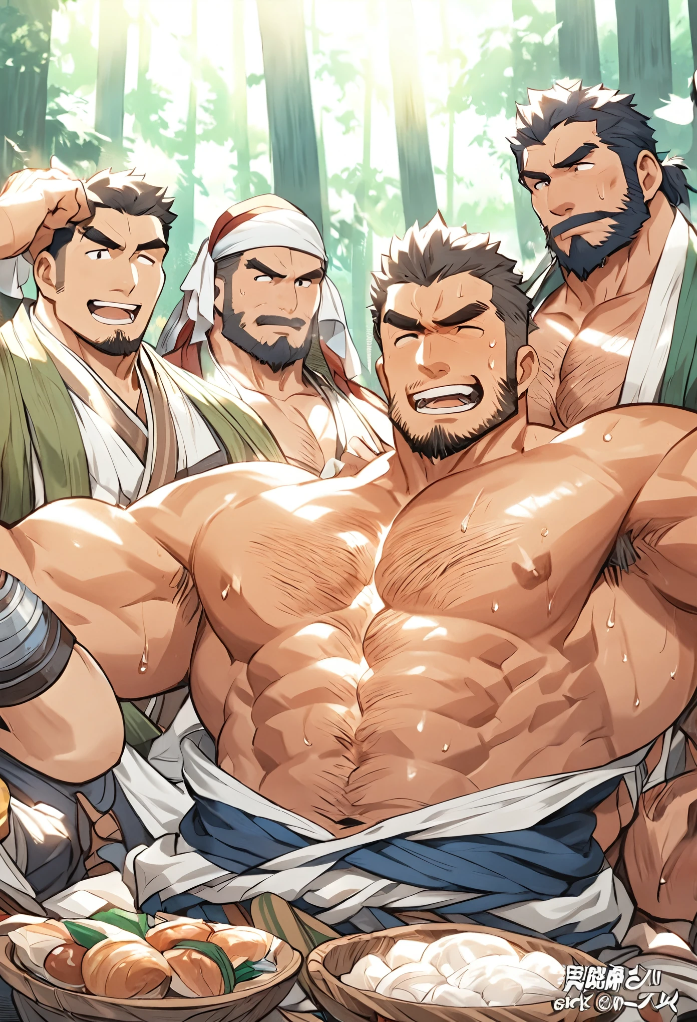 masterpiece, best quality, Japanese, muscular, chest hair, pubic hair, sweat, heat, Forest, party of three, group of three, traveler, merchant