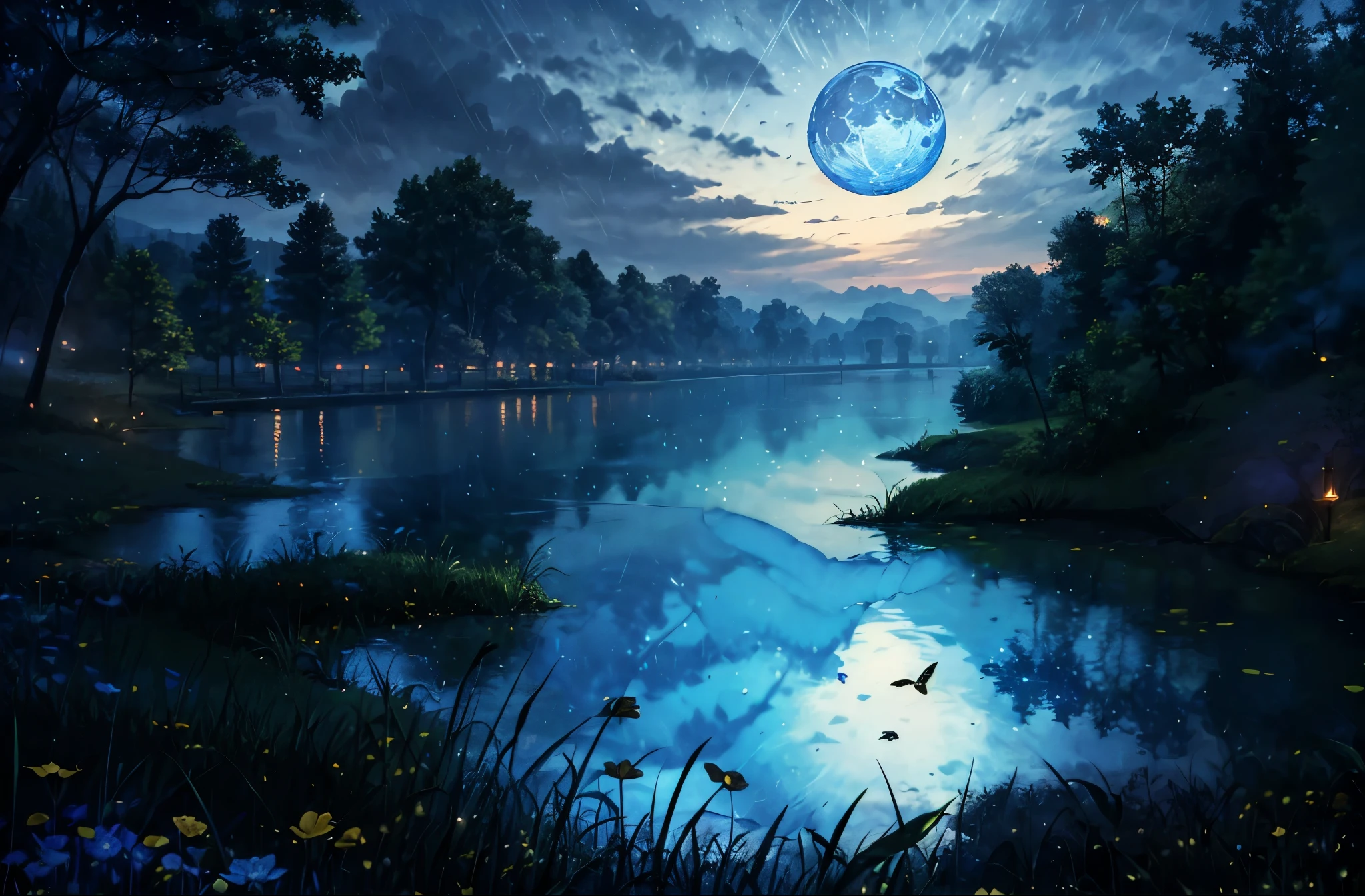 (masterpiece, Best Quality, Super detailed,, ), Swallowtail Butterfly, Black Swallowtail Butterfly, Lake ,(blue moon,雲:1.5),tree,grass,midnight