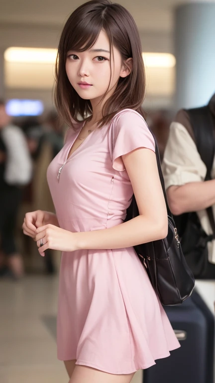 masterpiece, best quality, best quality, ultra high res, surrounded, multiple others, dress, walking, 1 middle age man with glass and pink wear, 1girl with pink flower dress shirt, bag, street, pink dress, long hair, multiple boys, strapless, belt, high heels, cleavage, black hair, outdoors, crowd, strapless dress, city, pants, handbag, road, holding bag, shopping bag, shirt, brown hair, crosswalk, holding, real world location