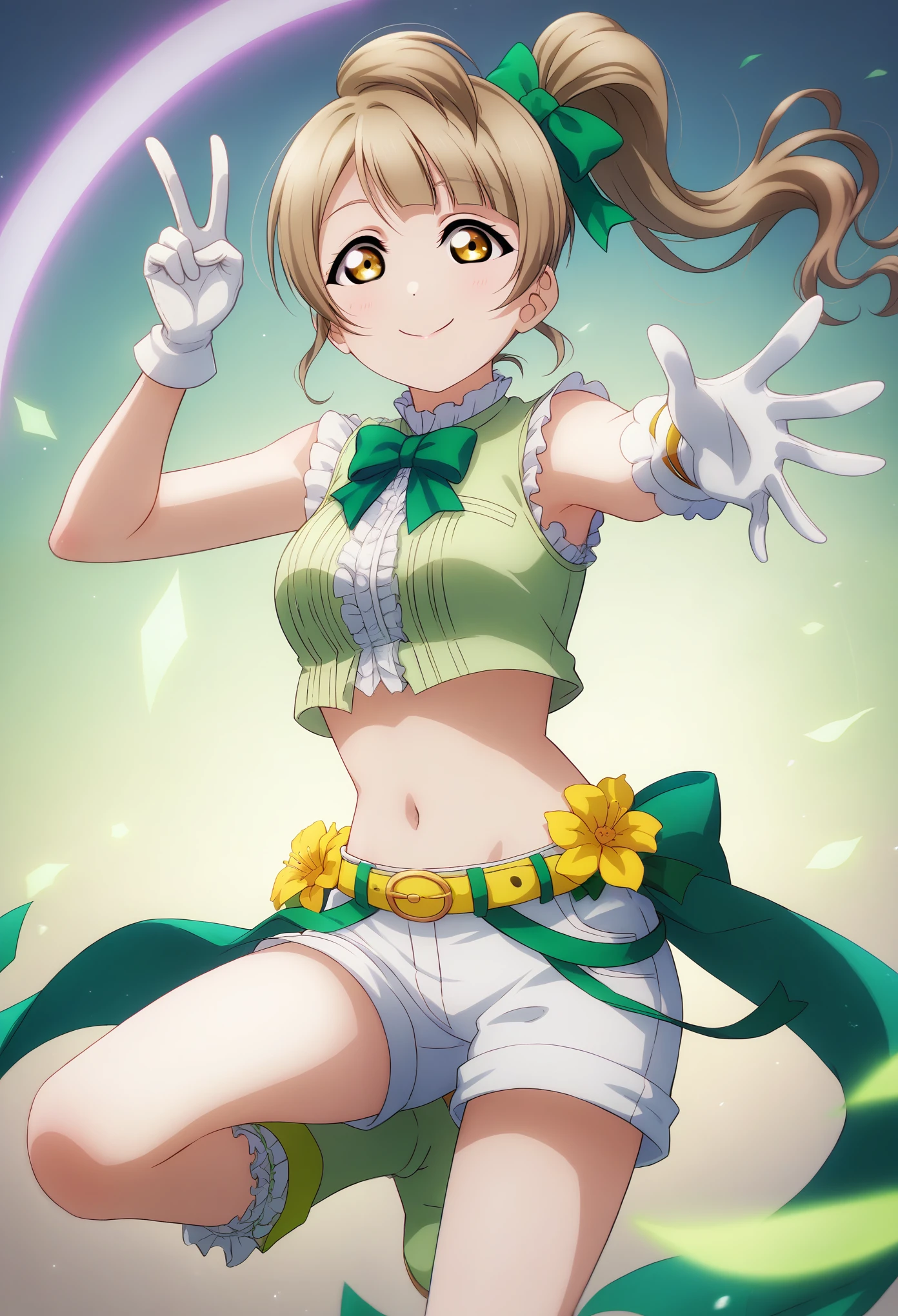 masterpiece, best quality,8k wallpaper , front view,love live art style, minami kotori love live, light brown hair in a side ponytail tied with a yellow flower and green ribbon, long flowing wavy hair reaching down to waist, loose bangs framing face, large expressive golden-brown eyes full of excitement, closed mouth,smile, wearing a sleeveless white crop top with green accents and a green bow at the collar, white shorts with green frills and yellow belt with round decorations, short white gloves with green trim, white high boots with green stripes, knee-high white socks with green details, green ribbons tied around left leg, dynamic pose with one leg lifted behind, forming peace signs with both hands, vibrant and energetic idol character with exposed midriff and slim athletic figure